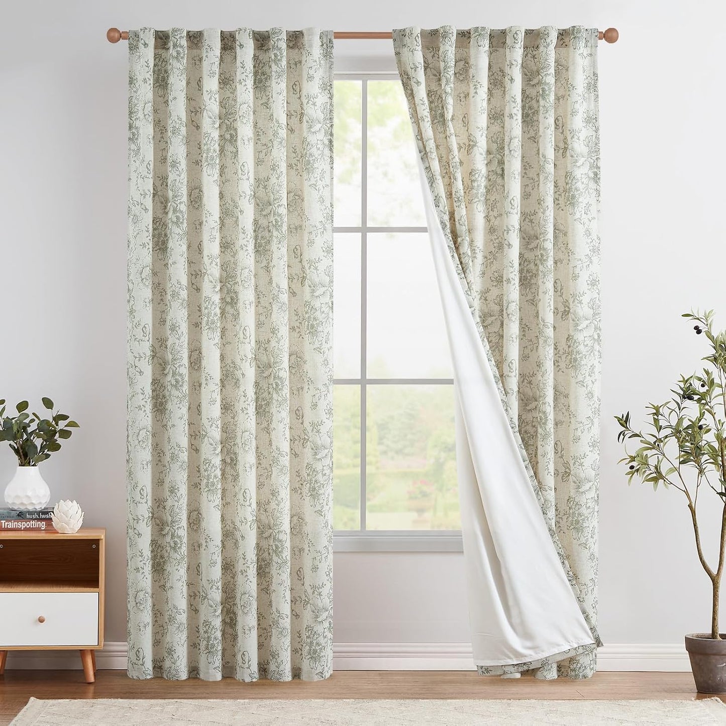jinchan Blackout Linen Blend Curtain Floral Blackout Curtains for Living Room 84 Inch Length Black Printed with Lined Blackout Curtain for Bedroom Farmhouse Curtains Set 2 Panels