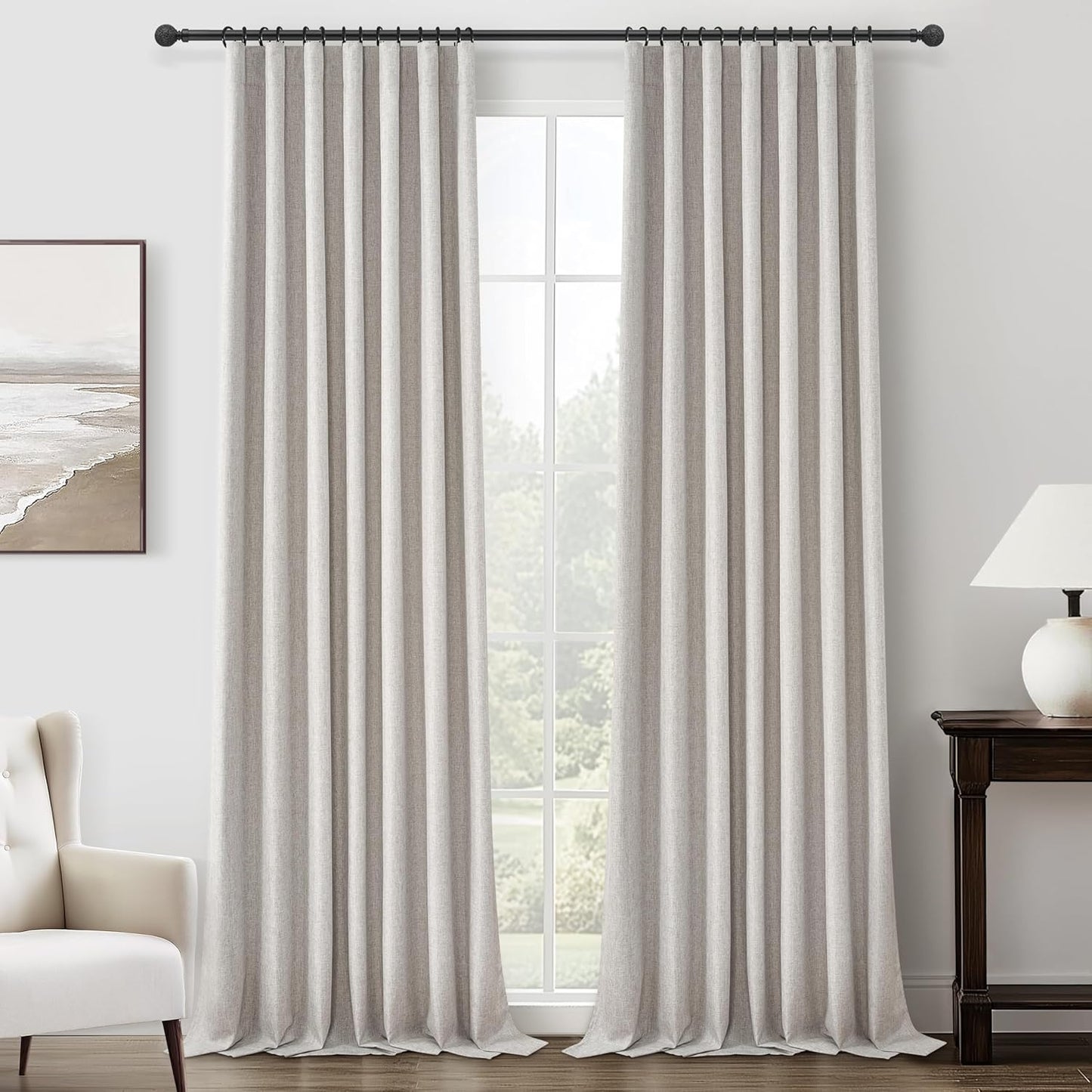 Natural Linen Blackout 92 Inch Bedroom Curtains 2 Panel Sets, Rustic Boho Cream Pleated Ceiling Track Curtain for Dining Room Heat Blocking Privacy Heavy Drape 92 Inches Long Oatmeal Back Tab