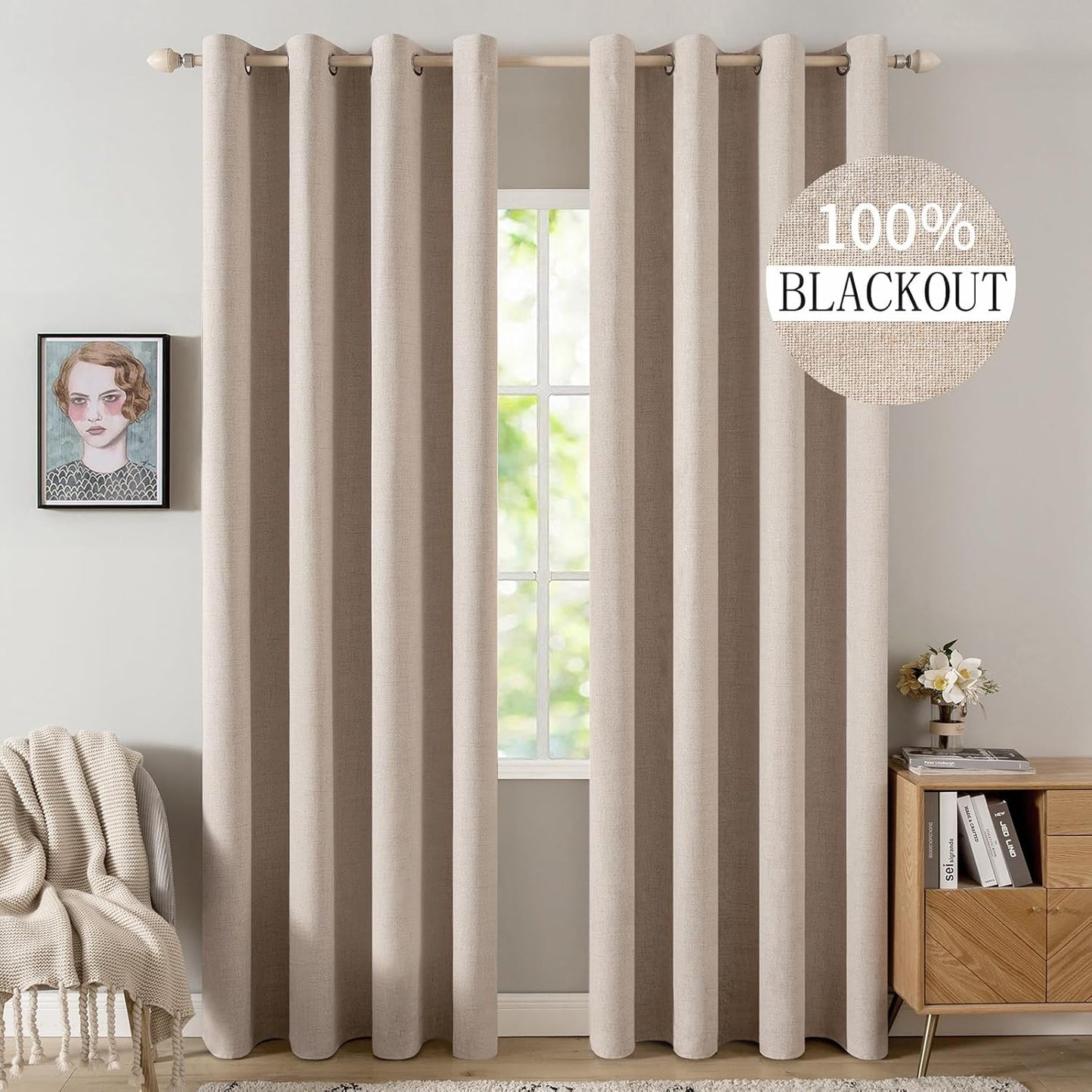 MIULEE 100% Blackout Linen Textured Curtains for Bedroom Solid Thermal Insulated Natural Beige Grommet Room Darkening Curtains & Drapes Luxury Decor for Living Room Nursery 62 x 96 Inch (2 Panels)