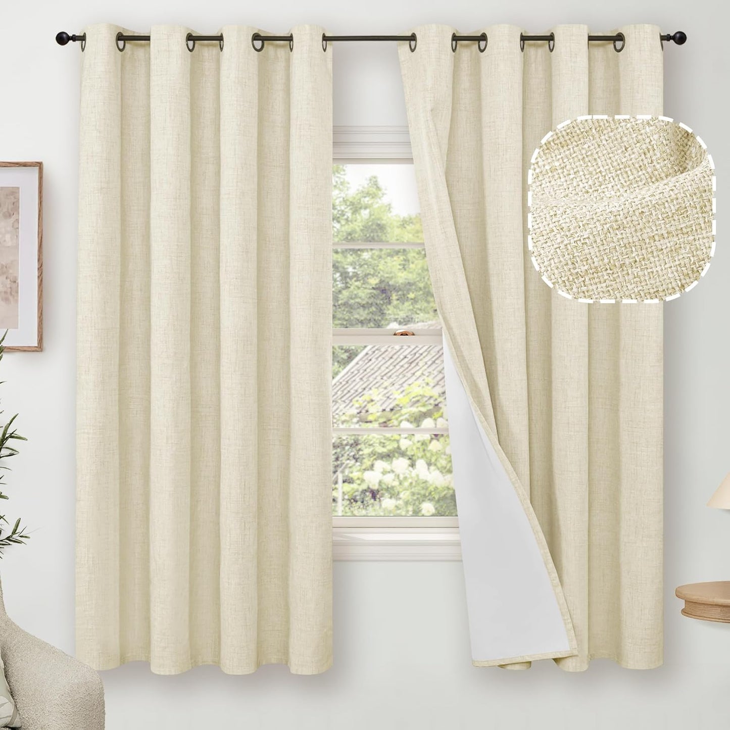 60 Inch Wide Linen Blackout Curtains for Living Room/Bedroom 84 Inch Length 2 Panels, Total Black Out Thermal Insulated Soundproof Grommet Boho Window Drapes White Liner for Modern Farmhouse, Natural