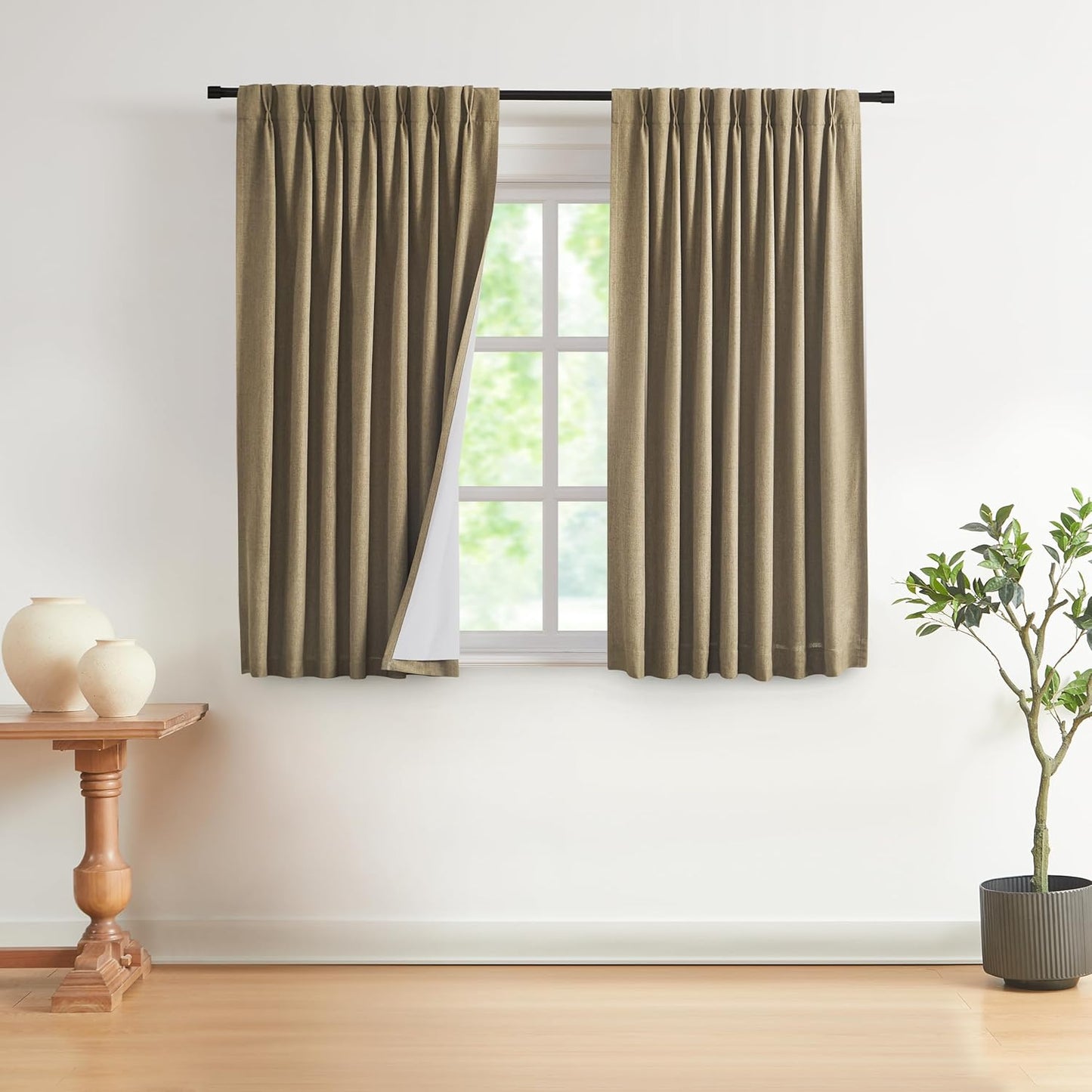 Vision Home Natural Full Blackout Curtains Linen Blended Darkening Window Curtains 84 inch for Living Room Bedroom Thermal Insulated Pinch Pleat Drapes with Hooks 2 Panel 40"Wx84"L
