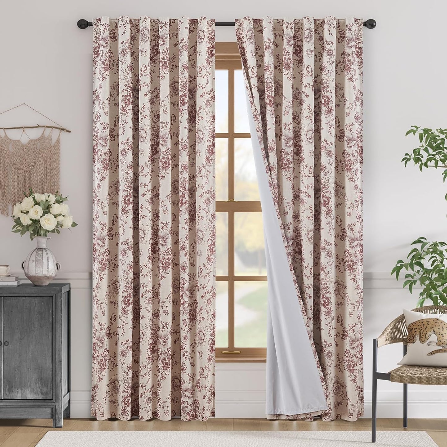 jinchan Blackout Linen Blend Curtain Floral Blackout Curtains for Living Room 84 Inch Length Black Printed with Lined Blackout Curtain for Bedroom Farmhouse Curtains Set 2 Panels