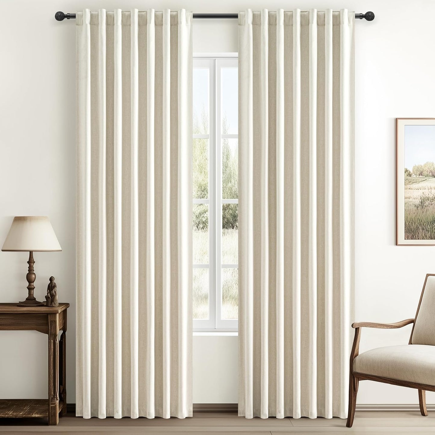 Natural Linen Blackout 92 Inch Bedroom Curtains 2 Panel Sets, Rustic Boho Cream Pleated Ceiling Track Curtain for Dining Room Heat Blocking Privacy Heavy Drape 92 Inches Long Oatmeal Back Tab