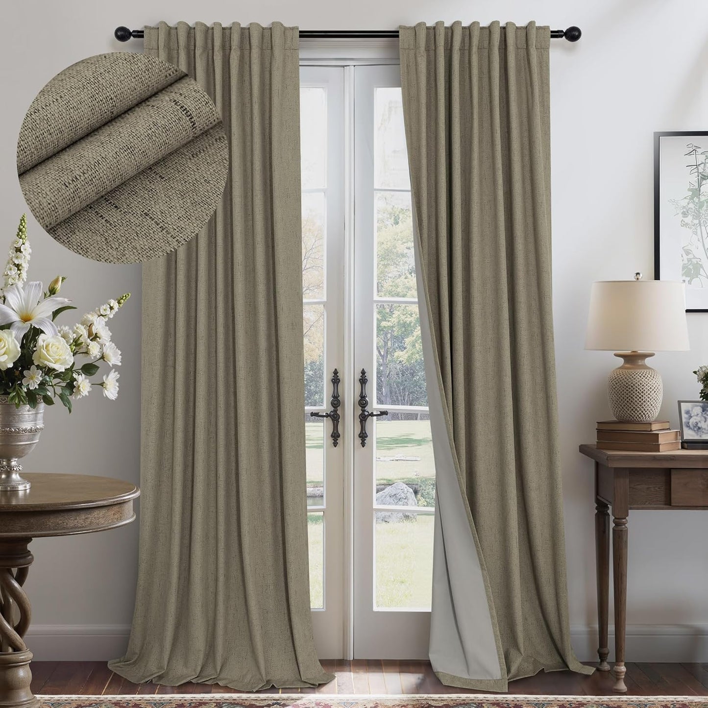 Cream Linen Black Out Curtains 70 Inches Extra Wide for Living Room 2 Panels Back Tab Pocket Pleated Ivory Blackout Bedroom for 72 Inches Window Curtain 84 Inch Long Thermal Room Darkening Heavy Drape