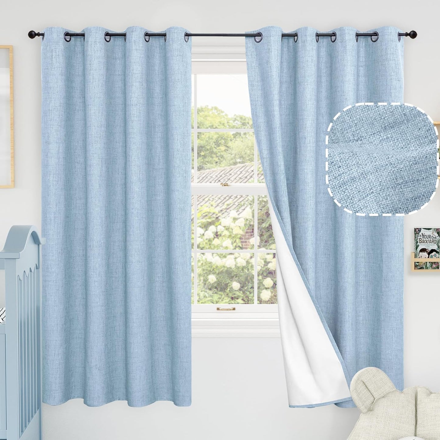60 Inch Wide Linen Blackout Curtains for Living Room/Bedroom 84 Inch Length 2 Panels, Total Black Out Thermal Insulated Soundproof Grommet Boho Window Drapes White Liner for Modern Farmhouse, Natural