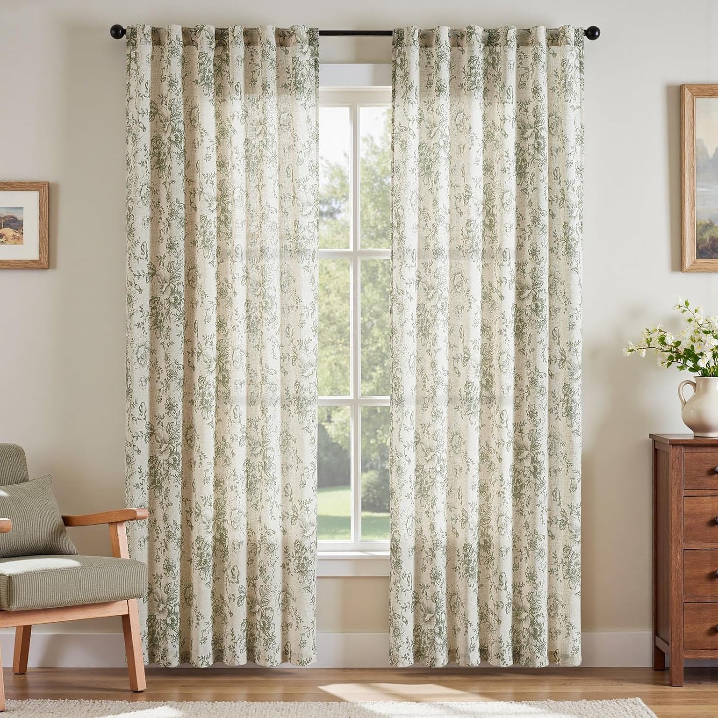 jinchan Blackout Linen Blend Curtain Floral Blackout Curtains for Living Room 84 Inch Length Black Printed with Lined Blackout Curtain for Bedroom Farmhouse Curtains Set 2 Panels