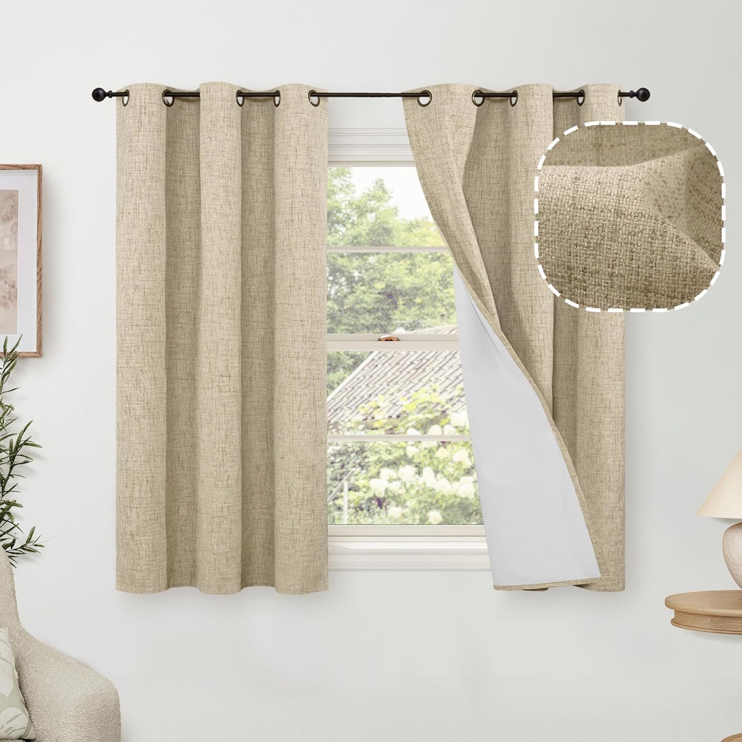60 Inch Wide Linen Blackout Curtains for Living Room/Bedroom 84 Inch Length 2 Panels, Total Black Out Thermal Insulated Soundproof Grommet Boho Window Drapes White Liner for Modern Farmhouse, Natural