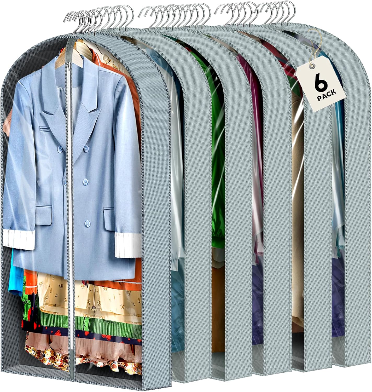 6 Pcs 60" Garment Bags for Hanging Clothes, Clear Suit Bags for Closet Storage Clothing Storage, Garment Bags Shoulder Covers with 4" Gussets for Coats, Jackets, Shirts and Sweater