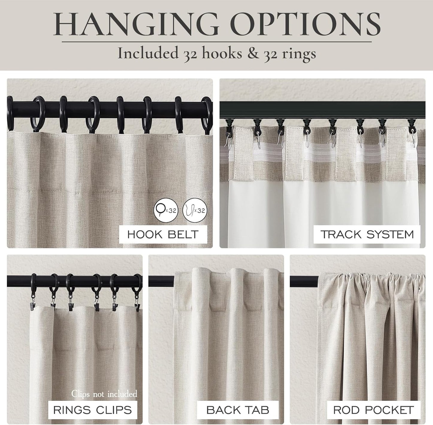 Natural Linen Blackout 92 Inch Bedroom Curtains 2 Panel Sets, Rustic Boho Cream Pleated Ceiling Track Curtain for Dining Room Heat Blocking Privacy Heavy Drape 92 Inches Long Oatmeal Back Tab