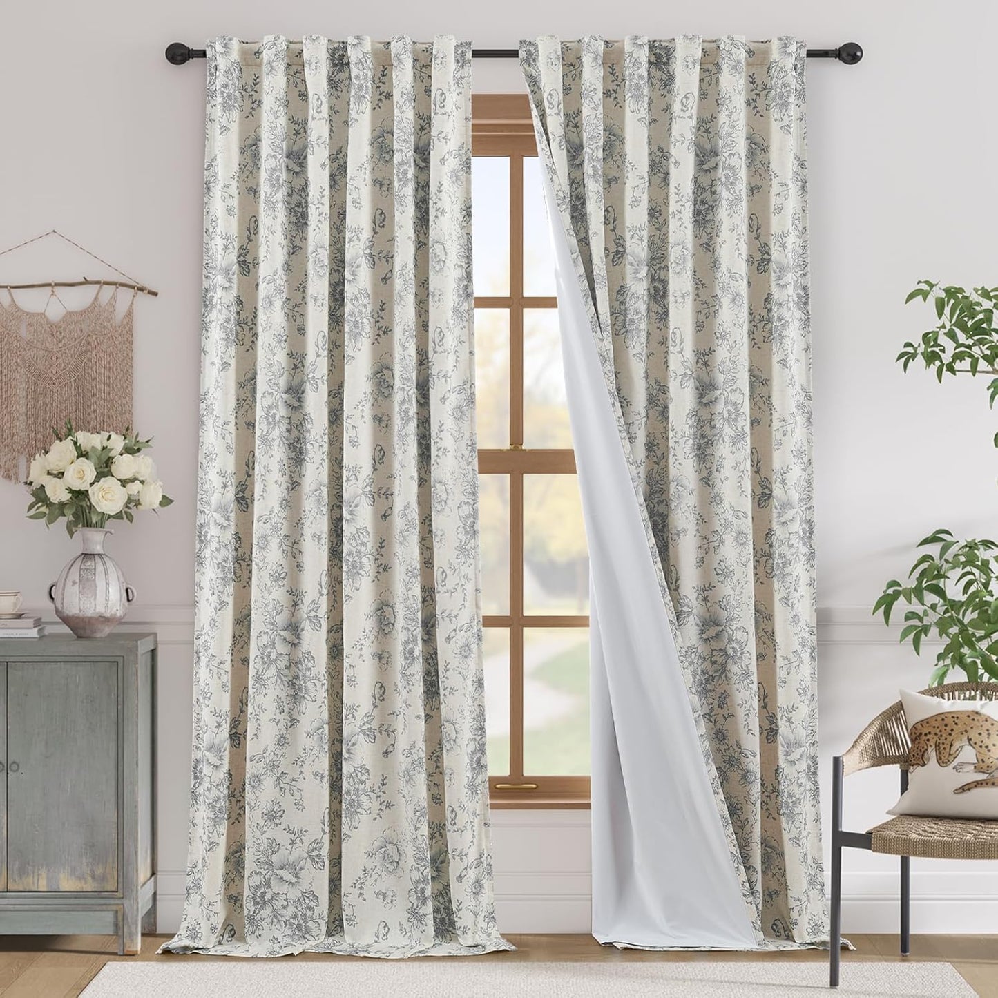 jinchan Blackout Linen Blend Curtain Floral Blackout Curtains for Living Room 84 Inch Length Black Printed with Lined Blackout Curtain for Bedroom Farmhouse Curtains Set 2 Panels