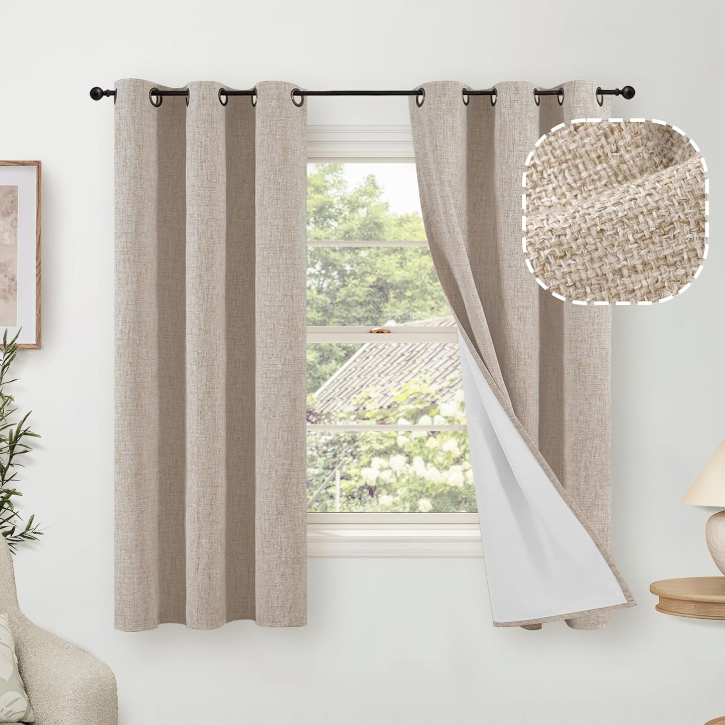 60 Inch Wide Linen Blackout Curtains for Living Room/Bedroom 84 Inch Length 2 Panels, Total Black Out Thermal Insulated Soundproof Grommet Boho Window Drapes White Liner for Modern Farmhouse, Natural