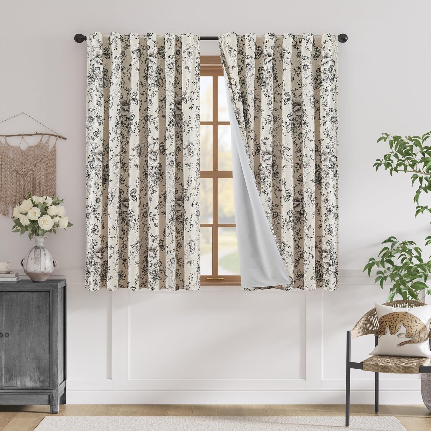 jinchan Blackout Linen Blend Curtain Floral Blackout Curtains for Living Room 84 Inch Length Black Printed with Lined Blackout Curtain for Bedroom Farmhouse Curtains Set 2 Panels