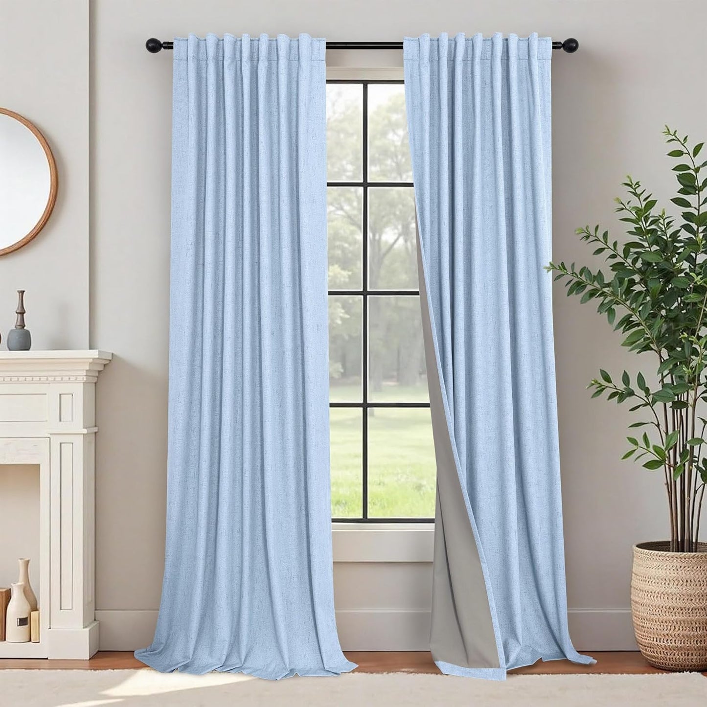 Cream Linen Black Out Curtains 70 Inches Extra Wide for Living Room 2 Panels Back Tab Pocket Pleated Ivory Blackout Bedroom for 72 Inches Window Curtain 84 Inch Long Thermal Room Darkening Heavy Drape