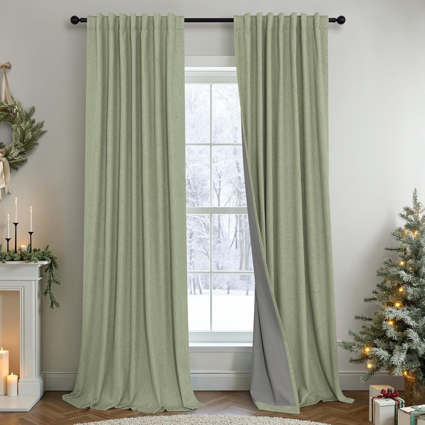 Cream Linen Black Out Curtains 70 Inches Extra Wide for Living Room 2 Panels Back Tab Pocket Pleated Ivory Blackout Bedroom for 72 Inches Window Curtain 84 Inch Long Thermal Room Darkening Heavy Drape