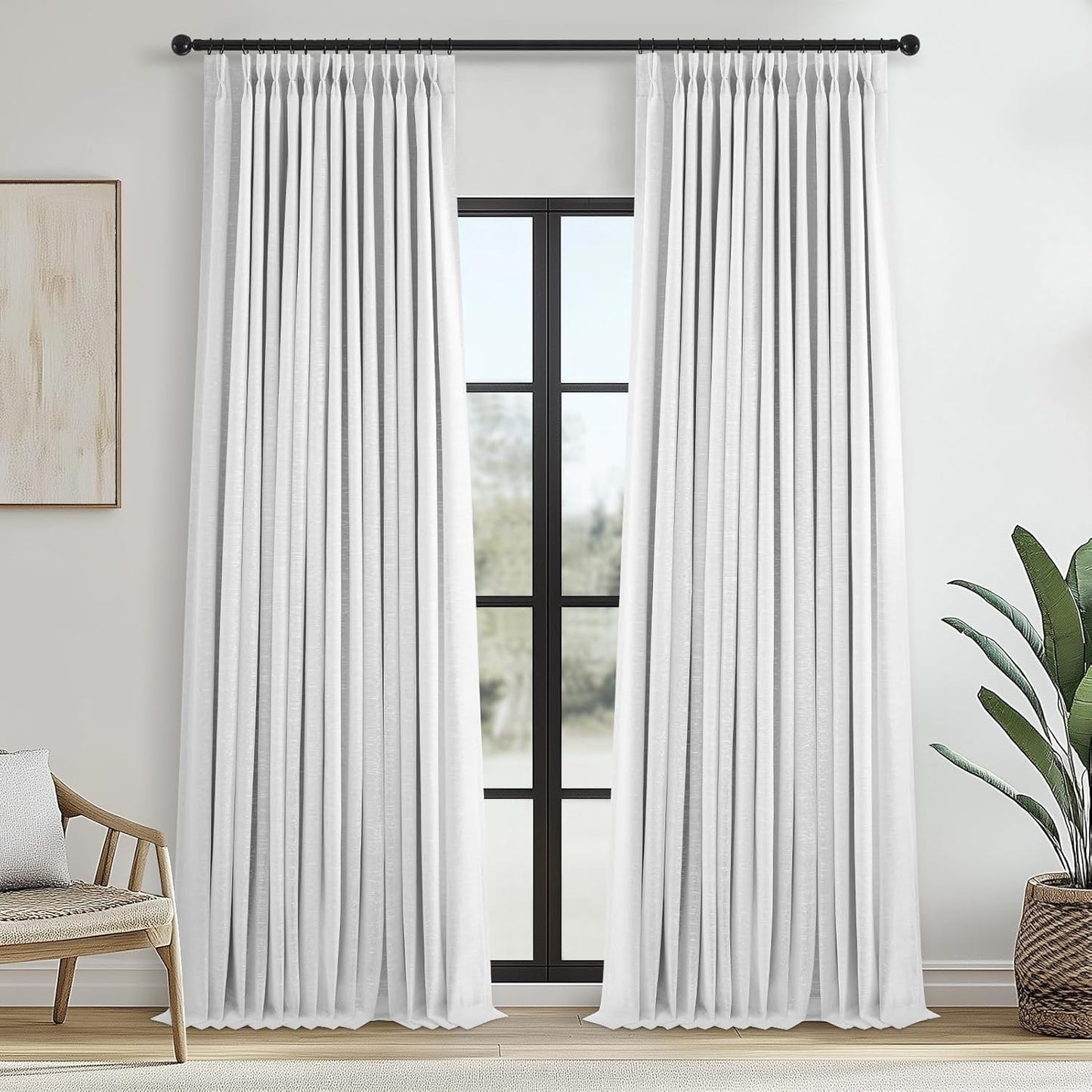 96 Inch Long Pinch Pleated Dark Linen Color Curtains,100% Blackout Thermal Insulated Natural Pinch Pleat Rustic Country Style Drapes with Hooks Rings 2 Panel Sets,Taupe Tan 8FT Window Curtain