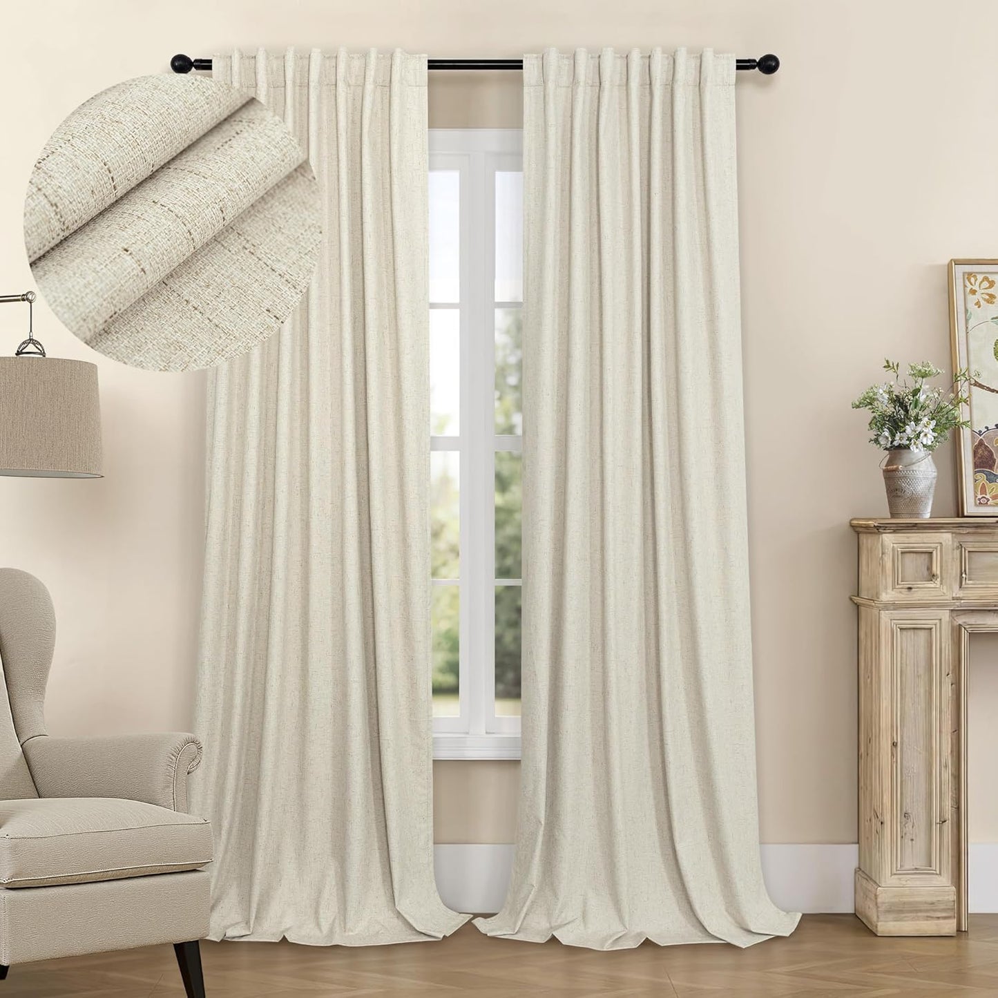 Cream Linen Black Out Curtains 70 Inches Extra Wide for Living Room 2 Panels Back Tab Pocket Pleated Ivory Blackout Bedroom for 72 Inches Window Curtain 84 Inch Long Thermal Room Darkening Heavy Drape