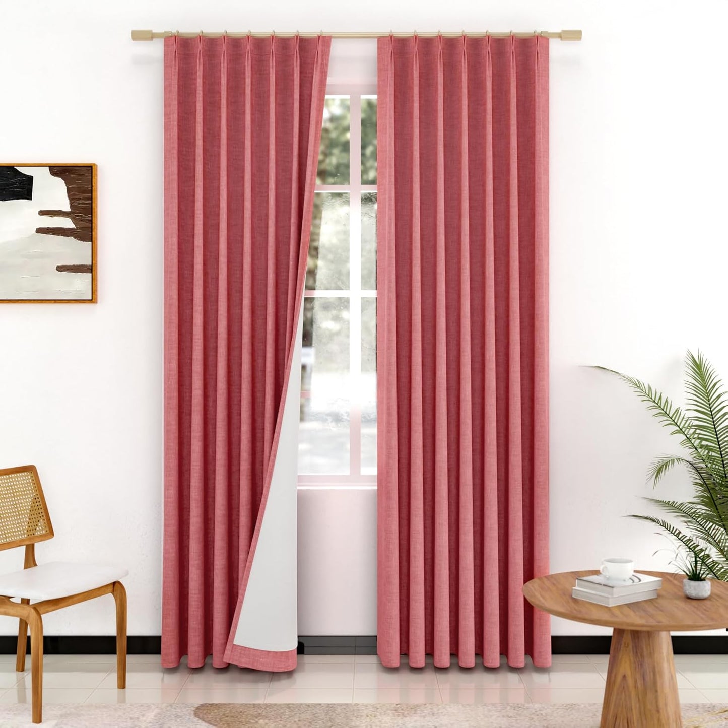 Pinch Pleated 100% Blackout Linen Curtains 95 Inches Long for Bedroom Natural Black Out Pleat Curtains for Living Dining Room Darkening Thermal Insulated Window Curtain Drapes with Pin Hooks, 2 Panels