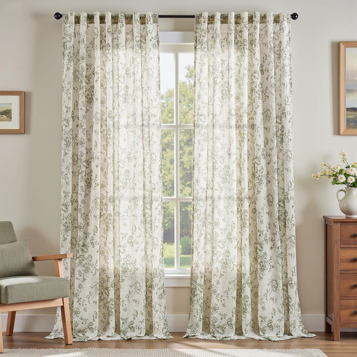 jinchan Blackout Linen Blend Curtain Floral Blackout Curtains for Living Room 84 Inch Length Black Printed with Lined Blackout Curtain for Bedroom Farmhouse Curtains Set 2 Panels
