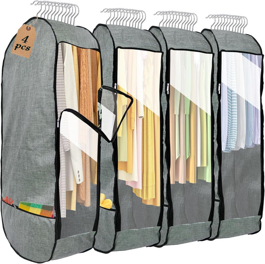 4PCS Garment Bags for Hanging Clothes,Chakera Large Breathable Garment Bag for Closet Storage with 10”Gusseted,Clear Clothing Storage Garment Cover for Dress Sweater with Double Zipper,Grey