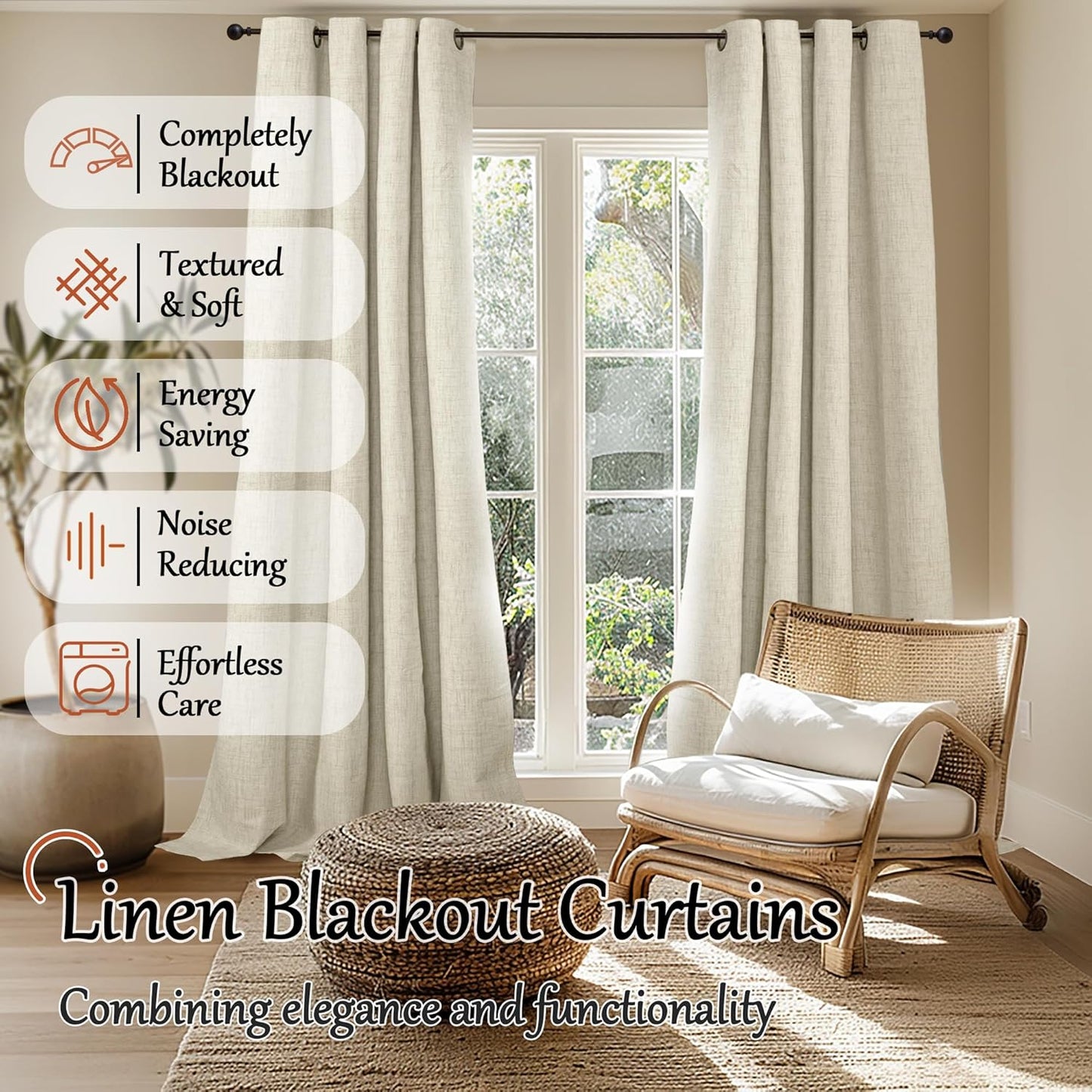 60 Inch Wide Linen Blackout Curtains for Living Room/Bedroom 84 Inch Length 2 Panels, Total Black Out Thermal Insulated Soundproof Grommet Boho Window Drapes White Liner for Modern Farmhouse, Natural