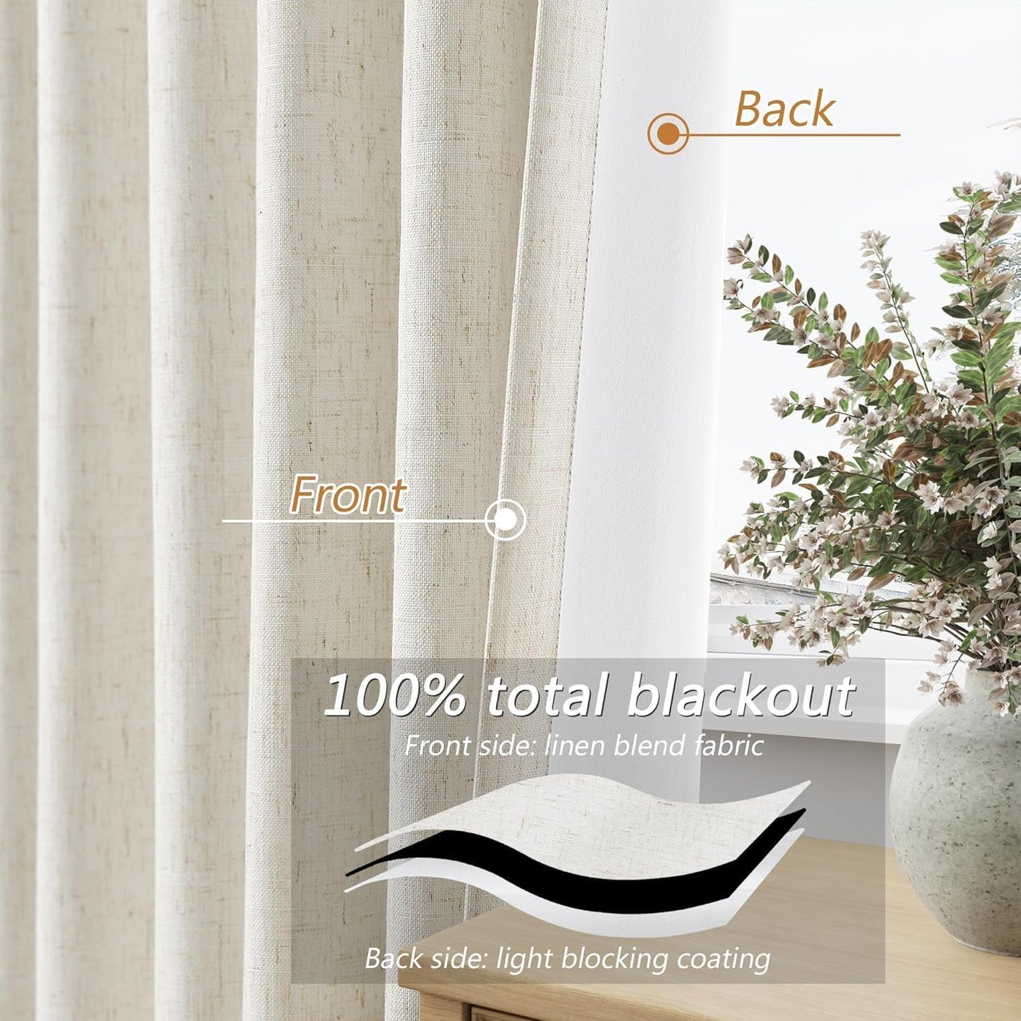 Guken Cream Linen Blackout Curtains 70 Inch Wide by 102 Inch for Living Room Bedroom Back Tab Thermal Insulated 100% Black Out Room Darkening Window Curtains Natural,1 Panel