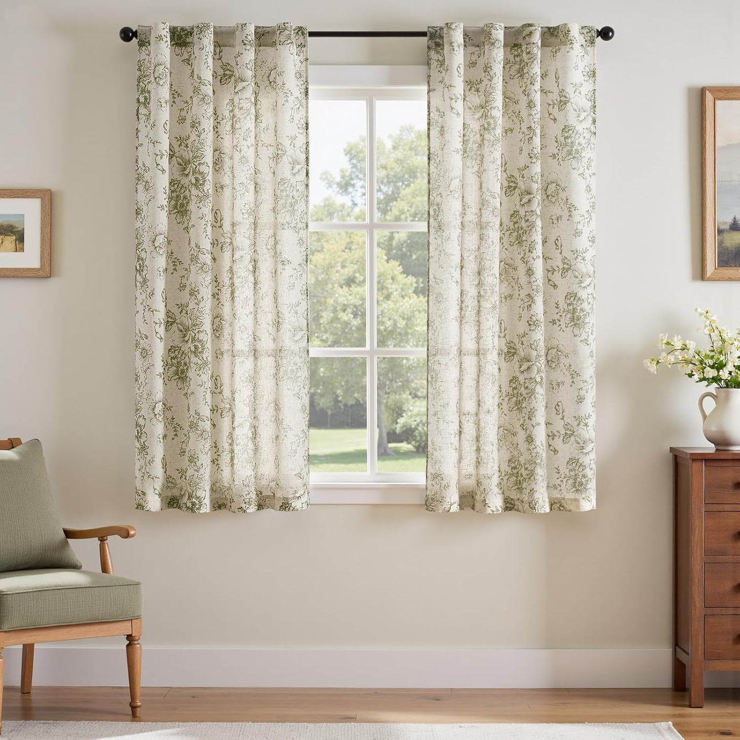 jinchan Blackout Linen Blend Curtain Floral Blackout Curtains for Living Room 84 Inch Length Black Printed with Lined Blackout Curtain for Bedroom Farmhouse Curtains Set 2 Panels
