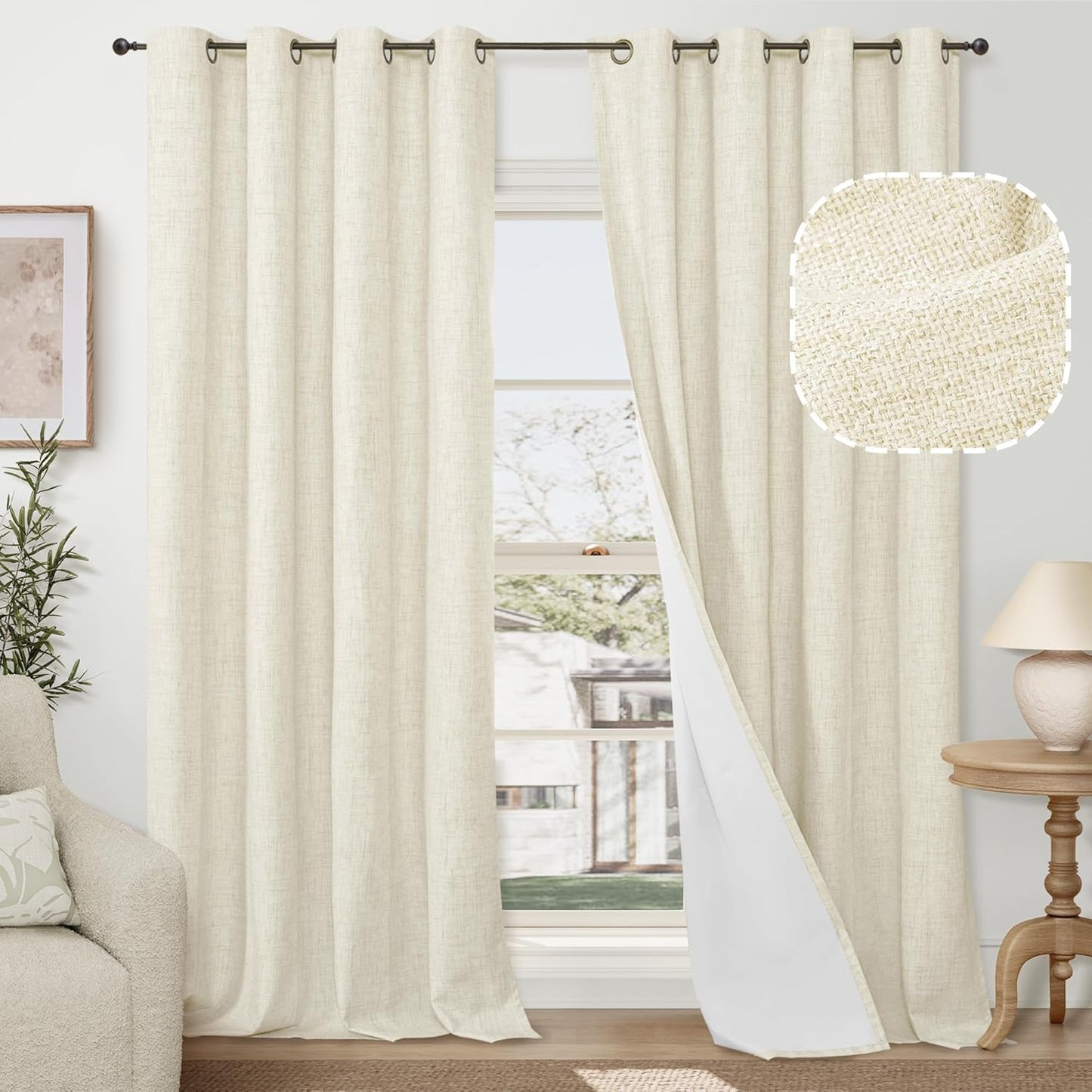 60 Inch Wide Linen Blackout Curtains for Living Room/Bedroom 84 Inch Length 2 Panels, Total Black Out Thermal Insulated Soundproof Grommet Boho Window Drapes White Liner for Modern Farmhouse, Natural