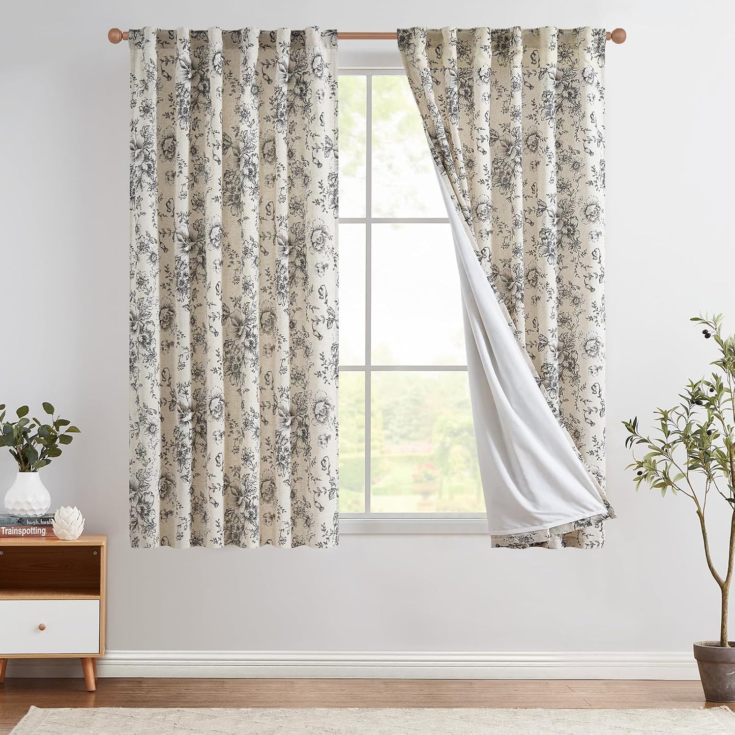 jinchan Blackout Linen Blend Curtain Floral Blackout Curtains for Living Room 84 Inch Length Black Printed with Lined Blackout Curtain for Bedroom Farmhouse Curtains Set 2 Panels