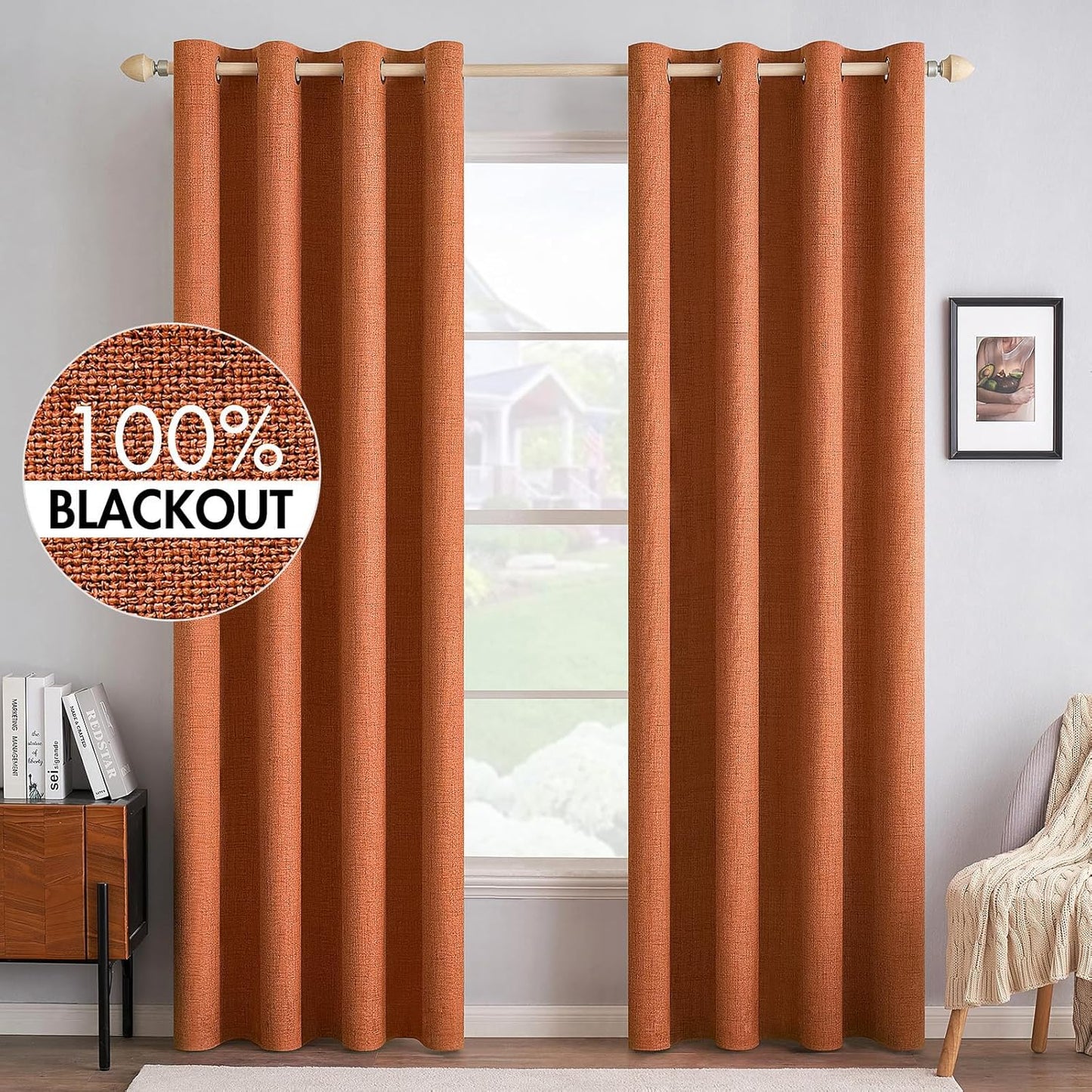 MIULEE 100% Blackout Linen Textured Curtains for Bedroom Solid Thermal Insulated Natural Beige Grommet Room Darkening Curtains & Drapes Luxury Decor for Living Room Nursery 62 x 96 Inch (2 Panels)