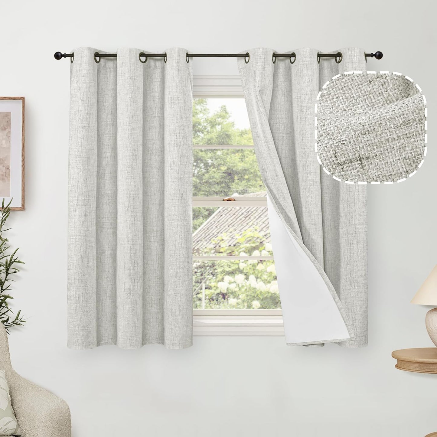60 Inch Wide Linen Blackout Curtains for Living Room/Bedroom 84 Inch Length 2 Panels, Total Black Out Thermal Insulated Soundproof Grommet Boho Window Drapes White Liner for Modern Farmhouse, Natural