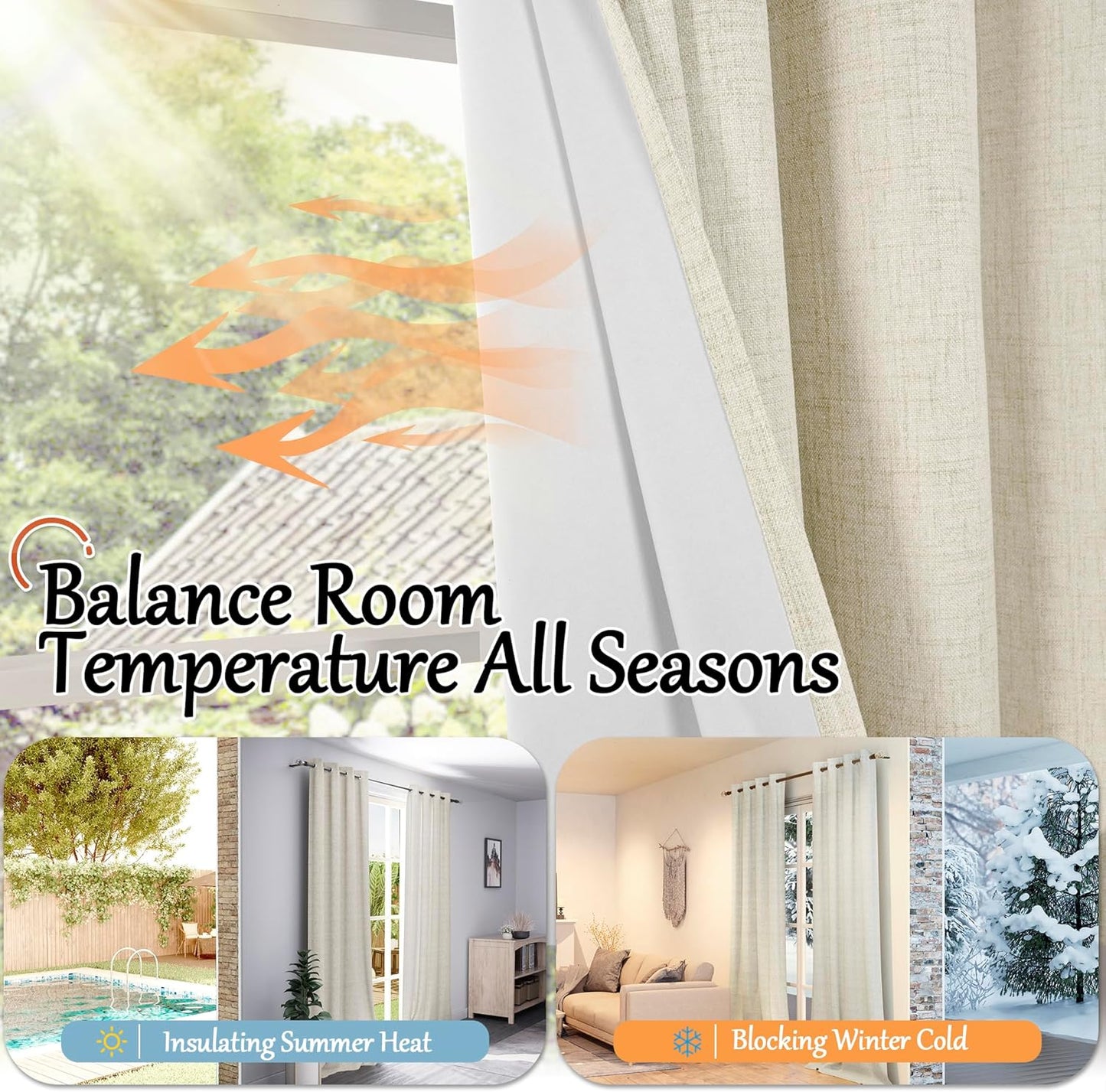 60 Inch Wide Linen Blackout Curtains for Living Room/Bedroom 84 Inch Length 2 Panels, Total Black Out Thermal Insulated Soundproof Grommet Boho Window Drapes White Liner for Modern Farmhouse, Natural