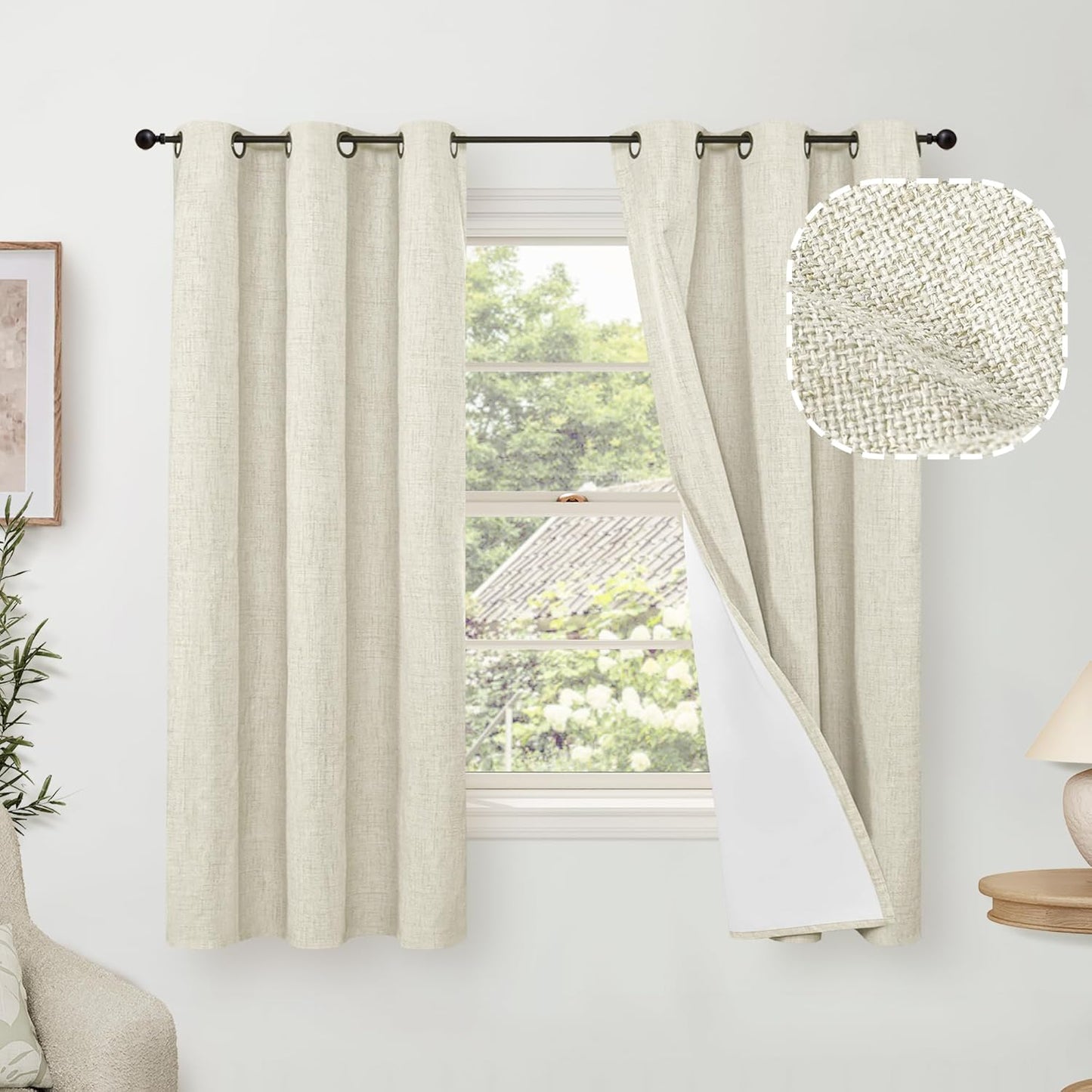 60 Inch Wide Linen Blackout Curtains for Living Room/Bedroom 84 Inch Length 2 Panels, Total Black Out Thermal Insulated Soundproof Grommet Boho Window Drapes White Liner for Modern Farmhouse, Natural