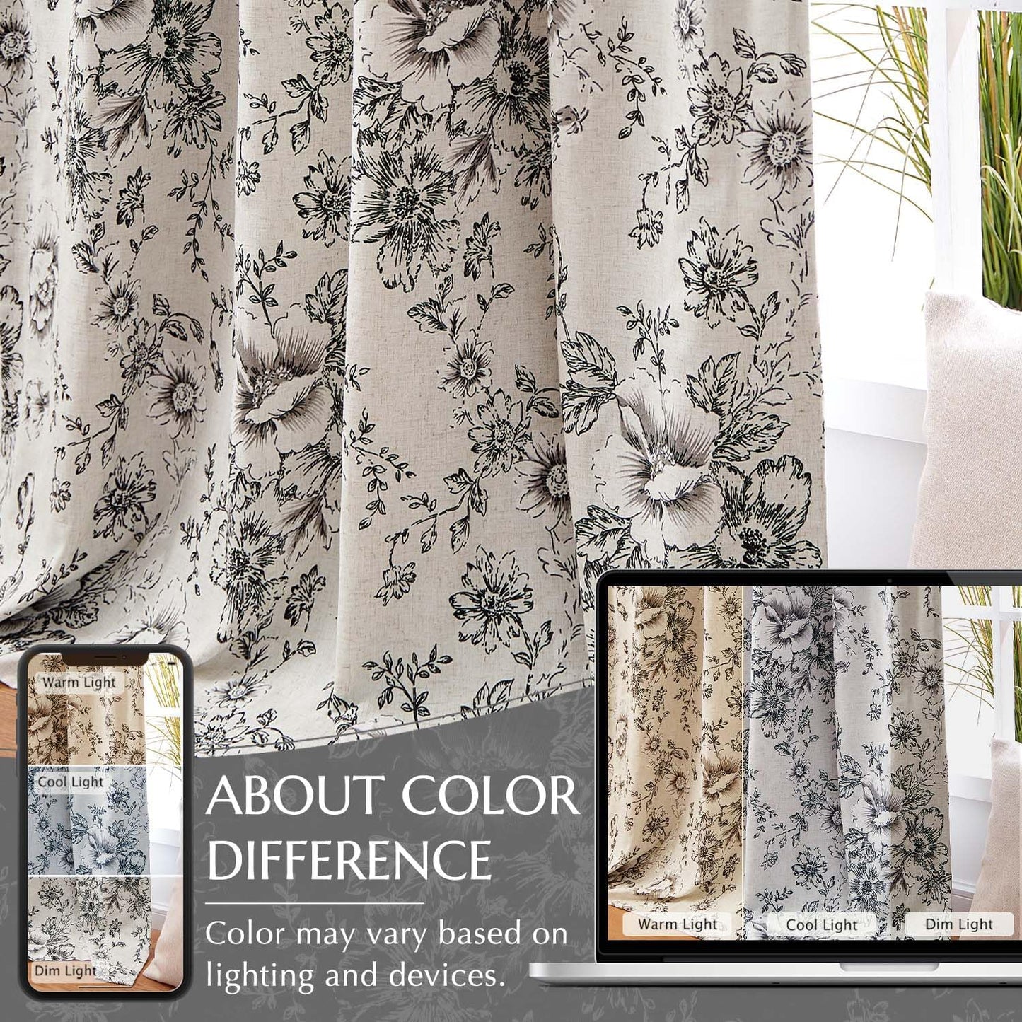 jinchan Blackout Linen Blend Curtain Floral Blackout Curtains for Living Room 84 Inch Length Black Printed with Lined Blackout Curtain for Bedroom Farmhouse Curtains Set 2 Panels