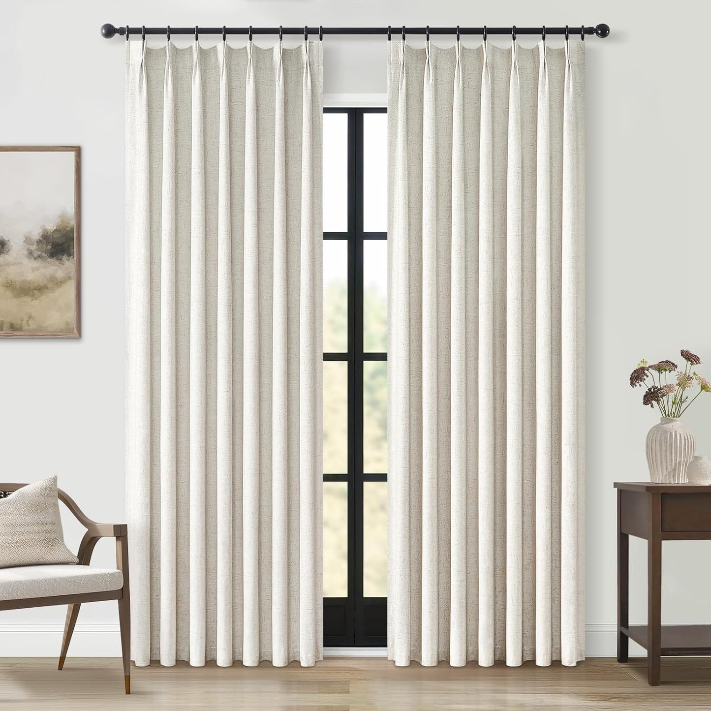 Topfinel Extral Wide Curtains, Pinch Pleated 100% Blackout Linen Luxury Drapery with Hooks for Patio Sliding Door Large Window Living Room Track System, 72" Wx102 L 1 Panel