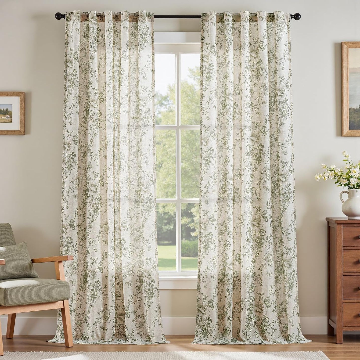jinchan Blackout Linen Blend Curtain Floral Blackout Curtains for Living Room 84 Inch Length Black Printed with Lined Blackout Curtain for Bedroom Farmhouse Curtains Set 2 Panels