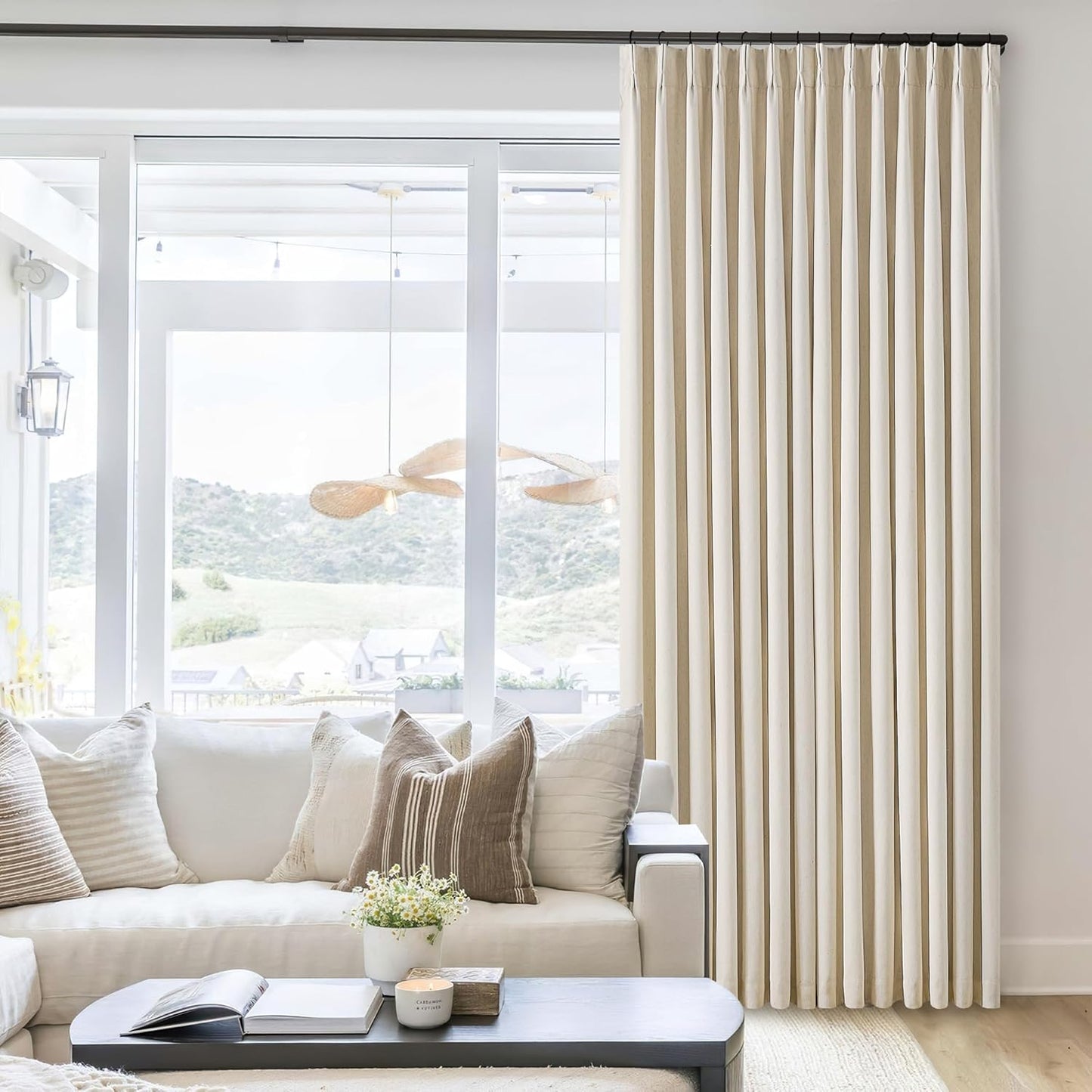 102 Inches Long Pinch Pleated Linen Blackout Curtains for Bedroom Back Tab Track Memory Trained Shape Farmhouse Light Blocking Curtains 102 Inch Length for Living Dining Room Darkening Drapes Cream