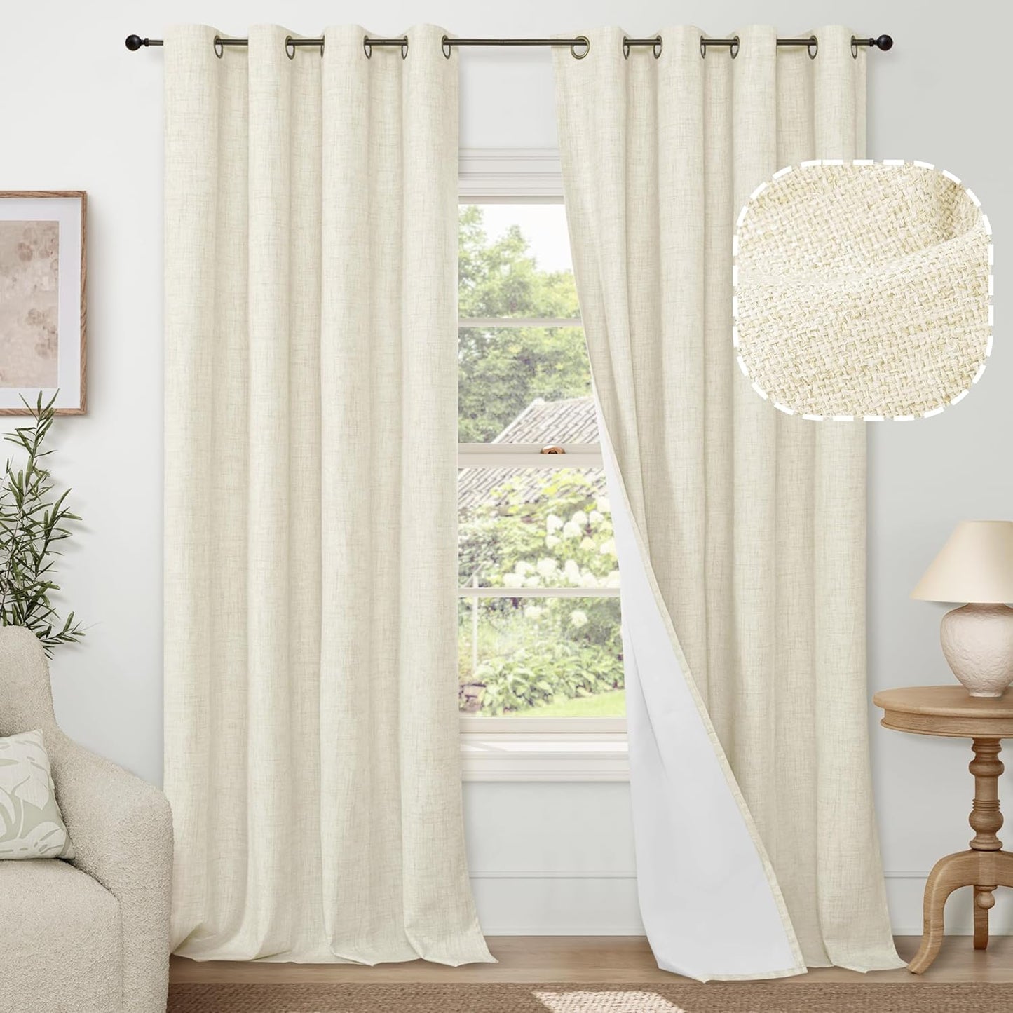 60 Inch Wide Linen Blackout Curtains for Living Room/Bedroom 84 Inch Length 2 Panels, Total Black Out Thermal Insulated Soundproof Grommet Boho Window Drapes White Liner for Modern Farmhouse, Natural