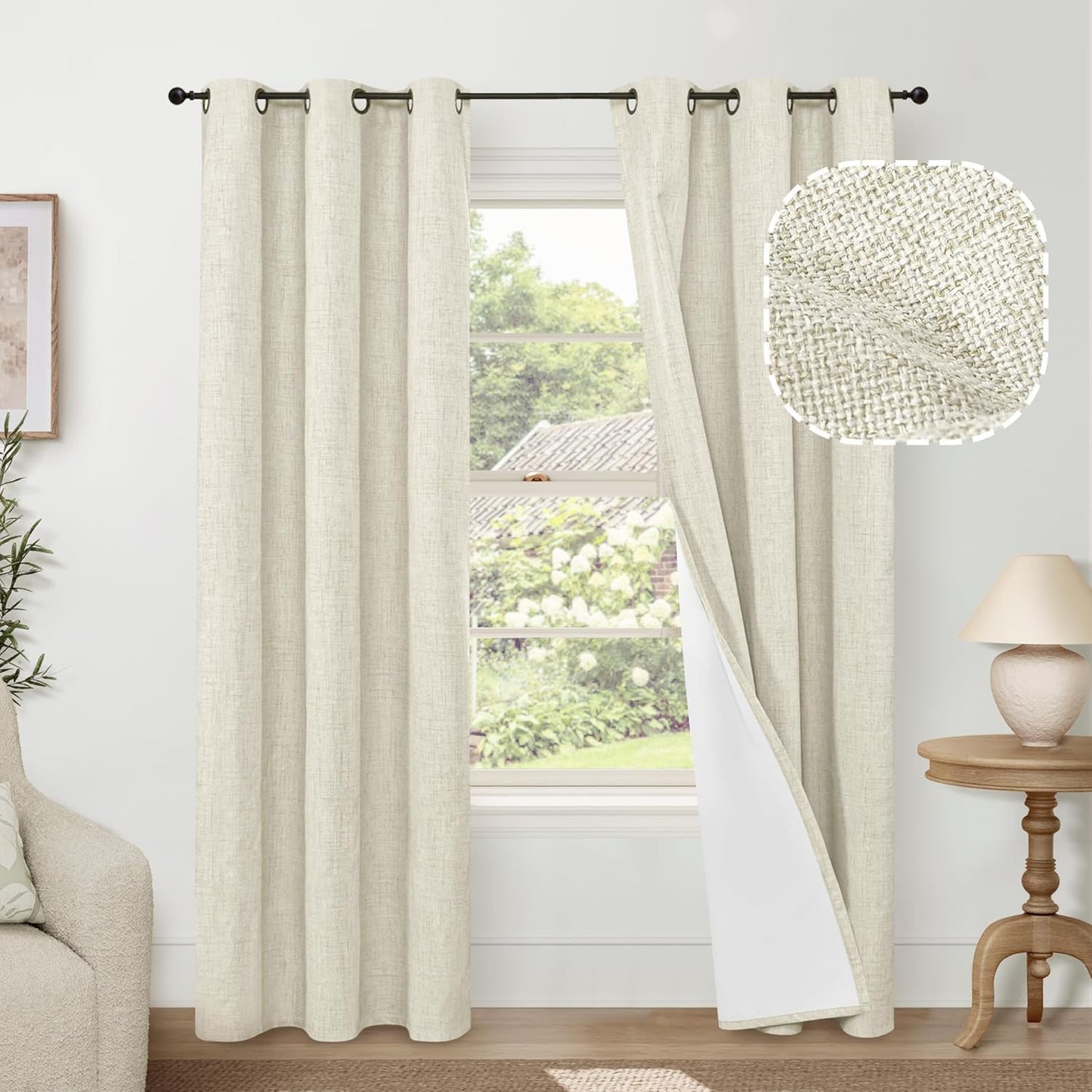 60 Inch Wide Linen Blackout Curtains for Living Room/Bedroom 84 Inch Length 2 Panels, Total Black Out Thermal Insulated Soundproof Grommet Boho Window Drapes White Liner for Modern Farmhouse, Natural