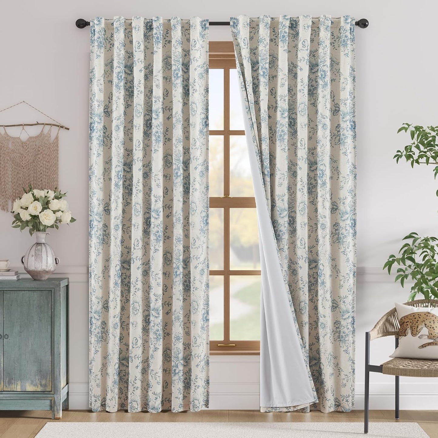 jinchan Blackout Linen Blend Curtain Floral Blackout Curtains for Living Room 84 Inch Length Black Printed with Lined Blackout Curtain for Bedroom Farmhouse Curtains Set 2 Panels