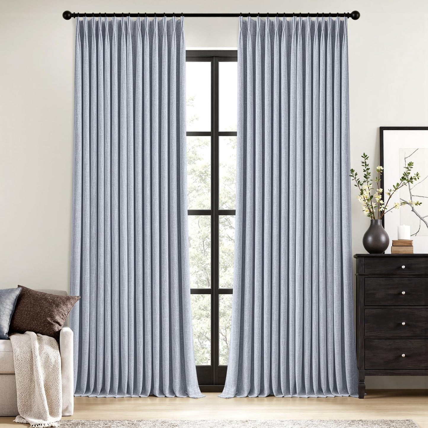 MIULEE Natural Pinch Pleated 100% Blackout Linen Curtains for Bedroom, Room Darkening Light Blocking Window Curtains 84 inches Long for Living Room, Black Out Pleat Drapes with Pin Hooks, 2 Panels