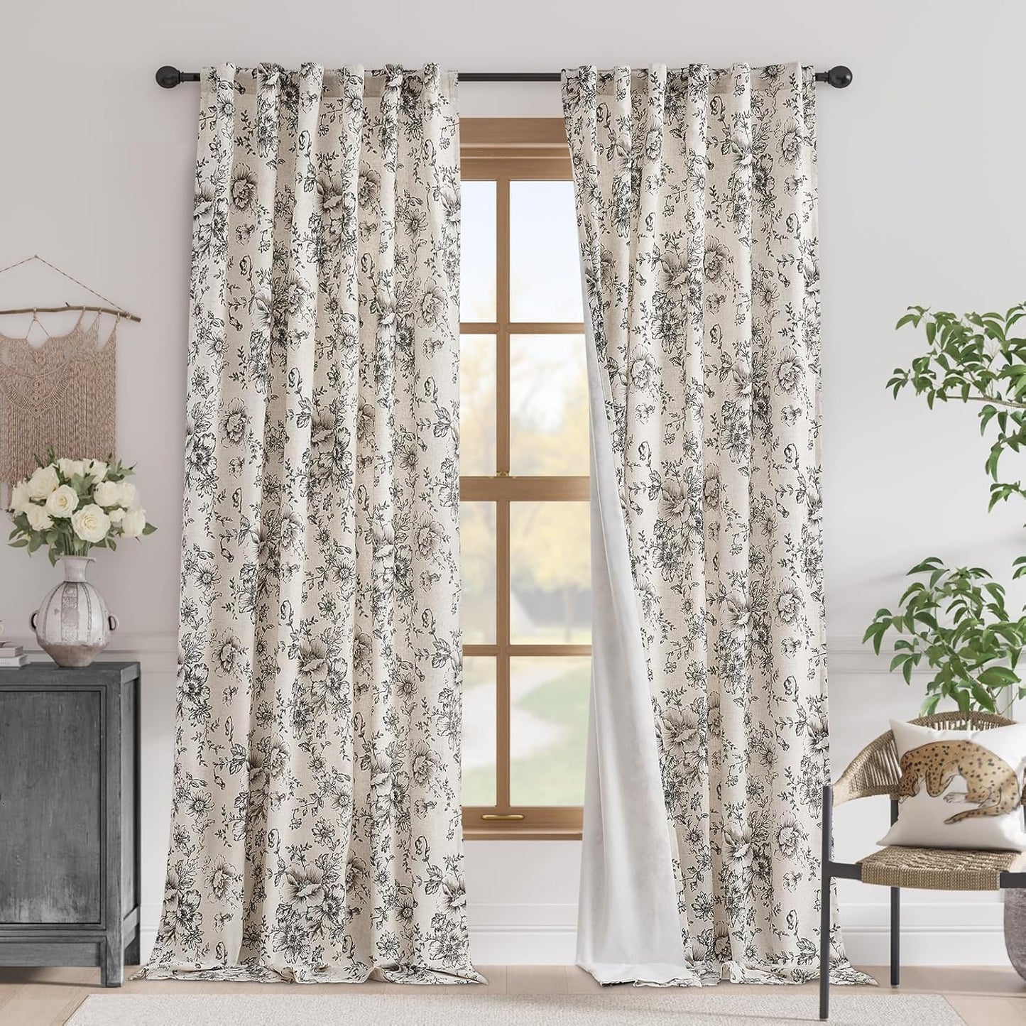 jinchan Blackout Linen Blend Curtain Floral Blackout Curtains for Living Room 84 Inch Length Black Printed with Lined Blackout Curtain for Bedroom Farmhouse Curtains Set 2 Panels