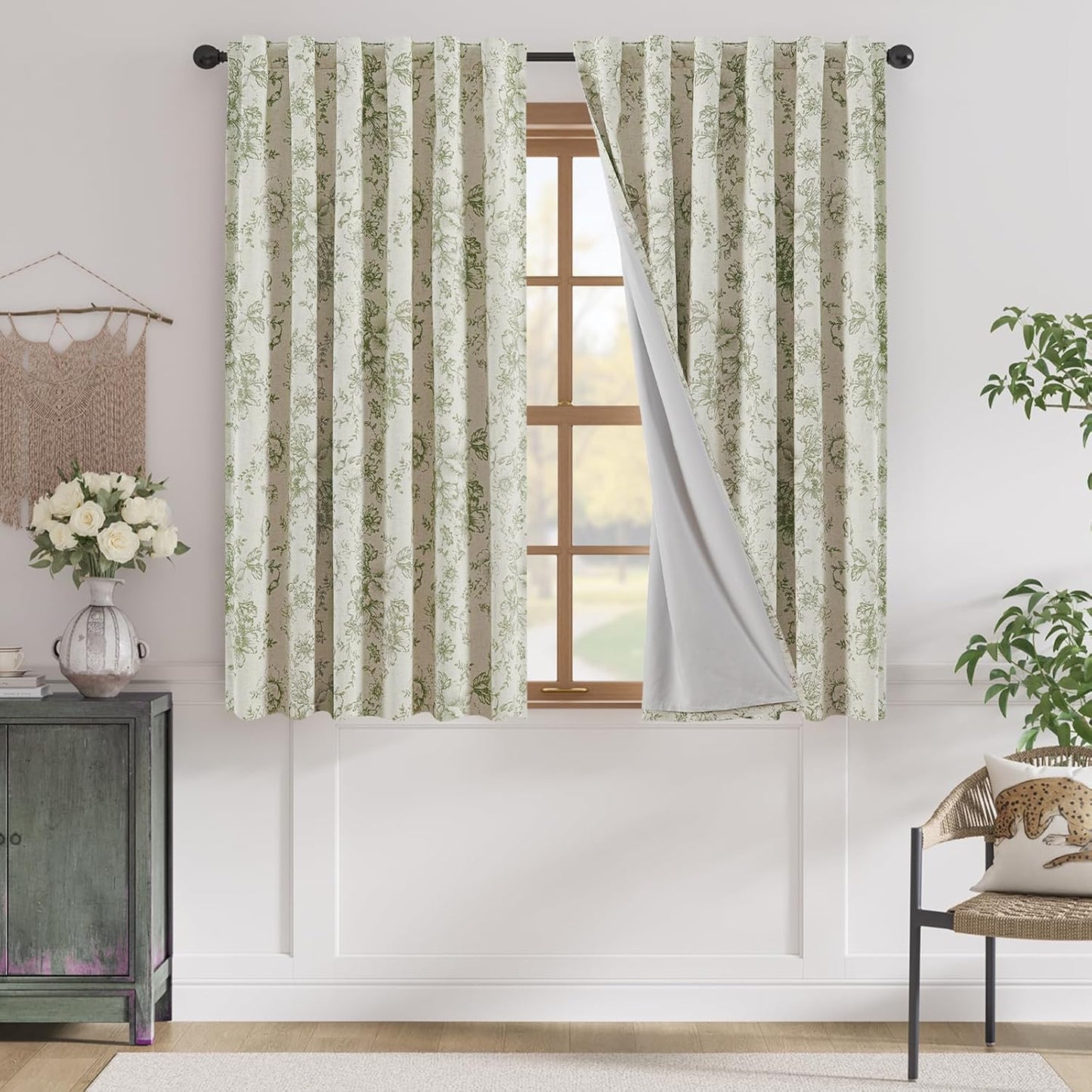 jinchan Blackout Linen Blend Curtain Floral Blackout Curtains for Living Room 84 Inch Length Black Printed with Lined Blackout Curtain for Bedroom Farmhouse Curtains Set 2 Panels