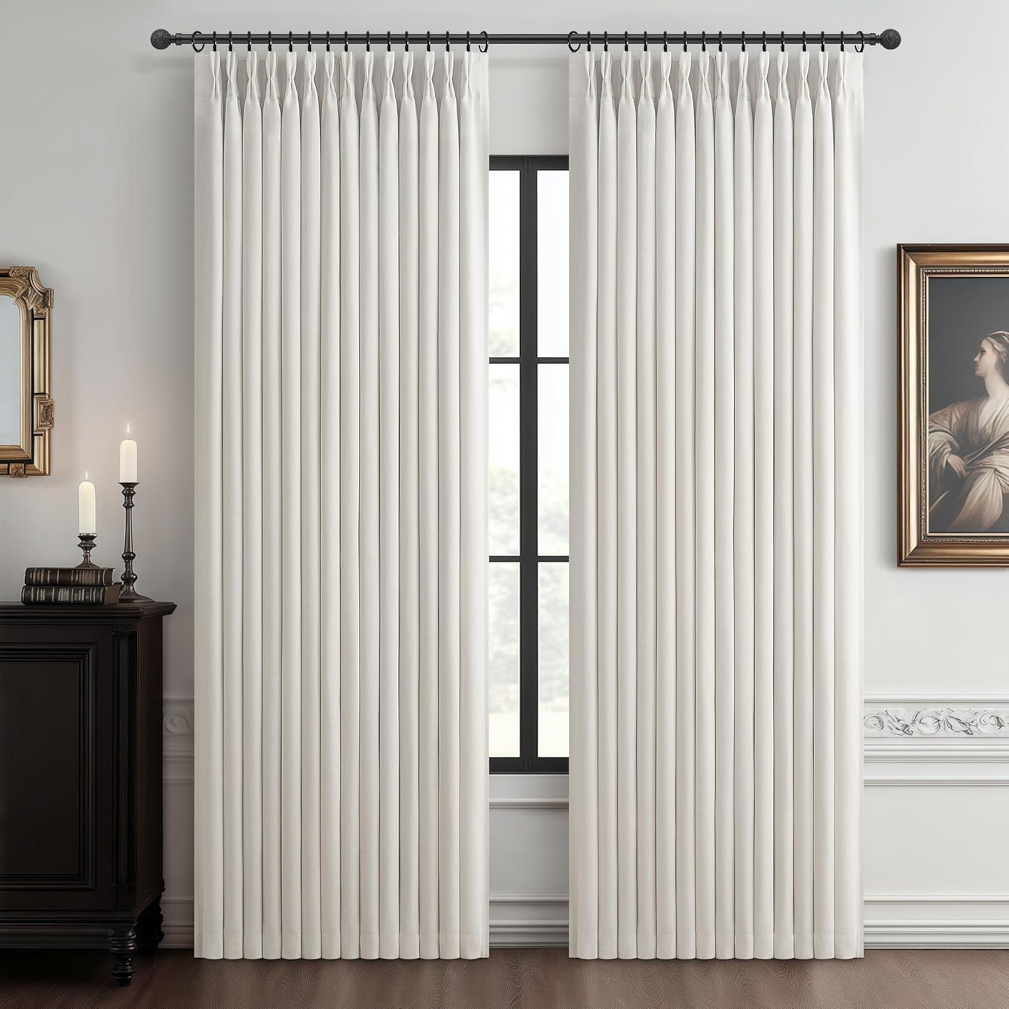 100% Blackout Linen 96 Inch Curtains 2 Panel Set for Bedroom, Modern Pinch Pleated Natural Linen Off Beige White Insulated Heavy Curtain 40 x 96 Inches Length Sliding Glass Door Room Darkening Drapes