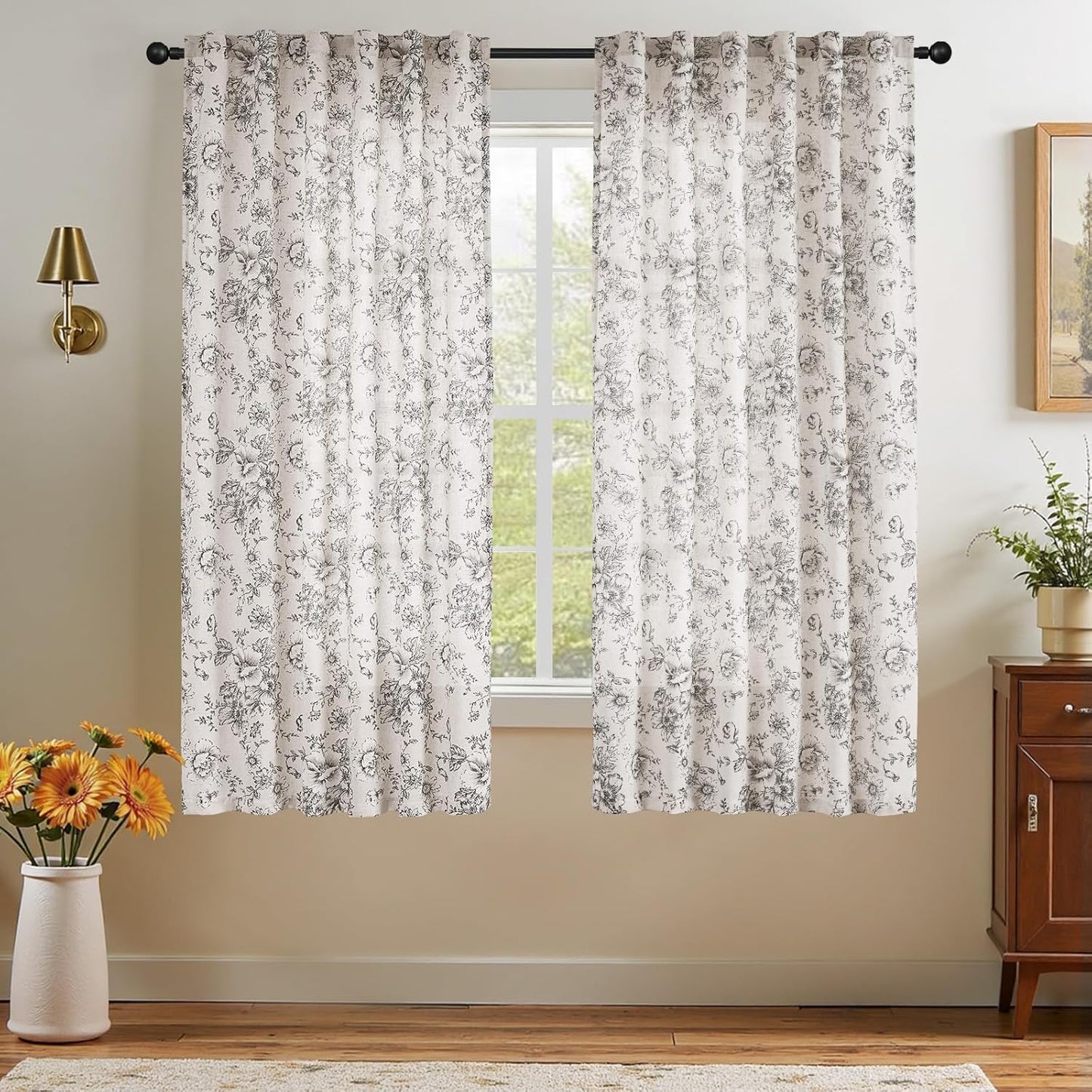 jinchan Blackout Linen Blend Curtain Floral Blackout Curtains for Living Room 84 Inch Length Black Printed with Lined Blackout Curtain for Bedroom Farmhouse Curtains Set 2 Panels