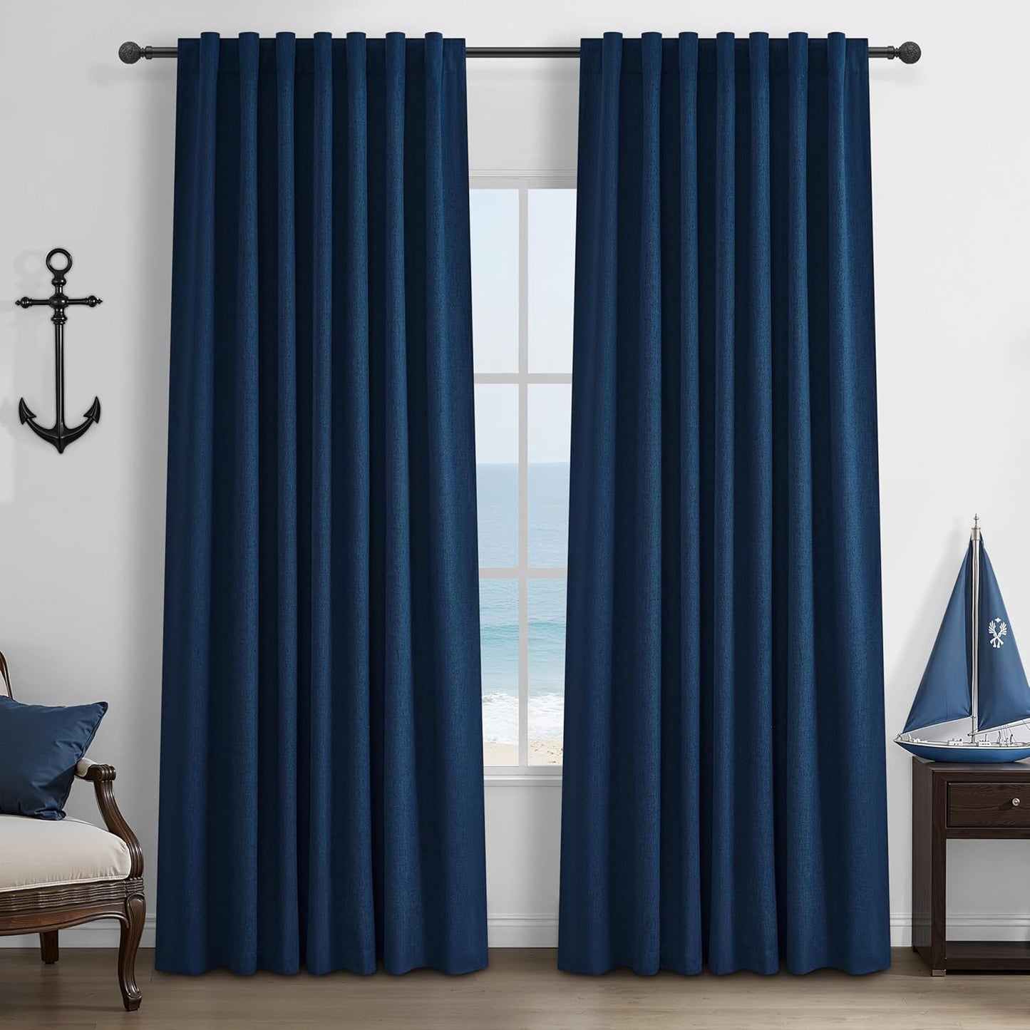 Natural Linen Blackout 92 Inch Bedroom Curtains 2 Panel Sets, Rustic Boho Cream Pleated Ceiling Track Curtain for Dining Room Heat Blocking Privacy Heavy Drape 92 Inches Long Oatmeal Back Tab
