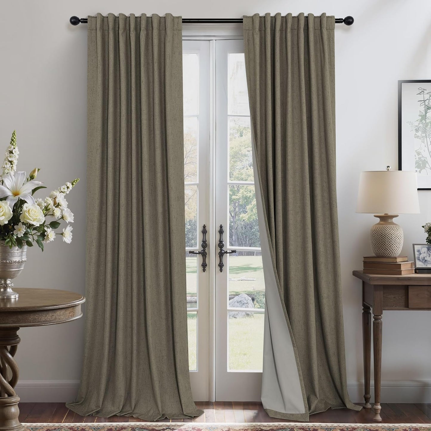 Cream Linen Black Out Curtains 70 Inches Extra Wide for Living Room 2 Panels Back Tab Pocket Pleated Ivory Blackout Bedroom for 72 Inches Window Curtain 84 Inch Long Thermal Room Darkening Heavy Drape