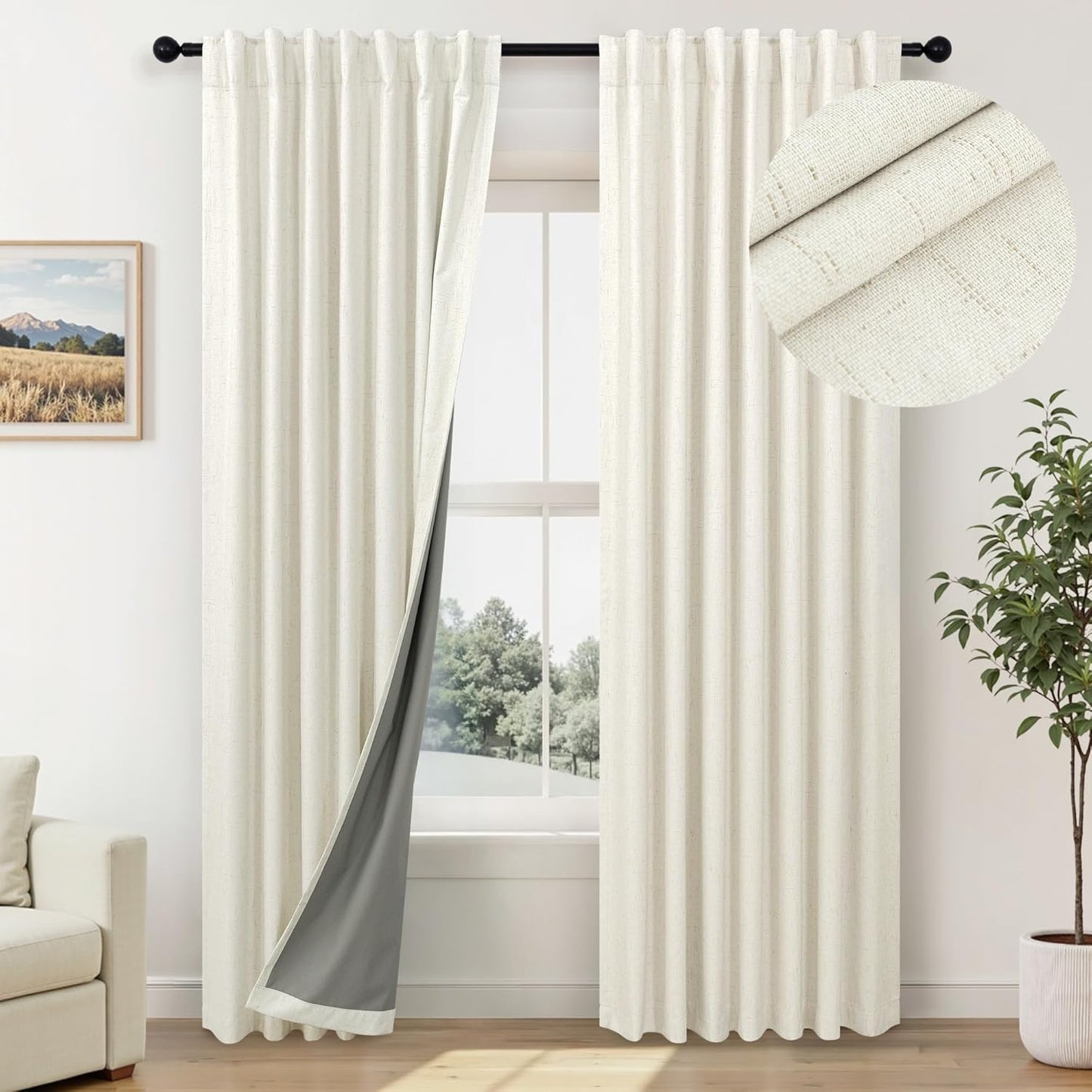 Cream Linen Black Out Curtains 70 Inches Extra Wide for Living Room 2 Panels Back Tab Pocket Pleated Ivory Blackout Bedroom for 72 Inches Window Curtain 84 Inch Long Thermal Room Darkening Heavy Drape