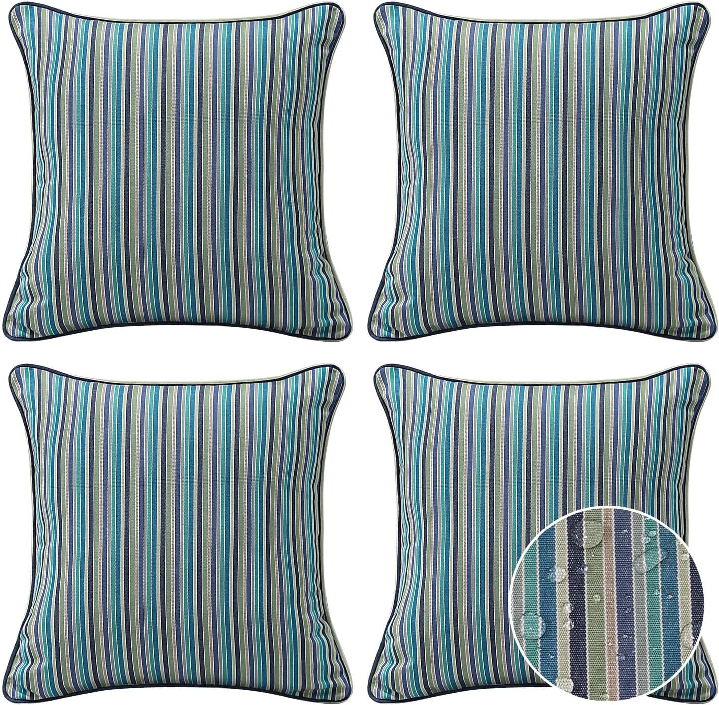 Decorative Outdoor Water Repellent Throw Pillows with Inserts, Set of 4, 18" x18" Pillows for Patio, Backyard, Bed, Couch, and Patio Furniture, Turquoise Stripe