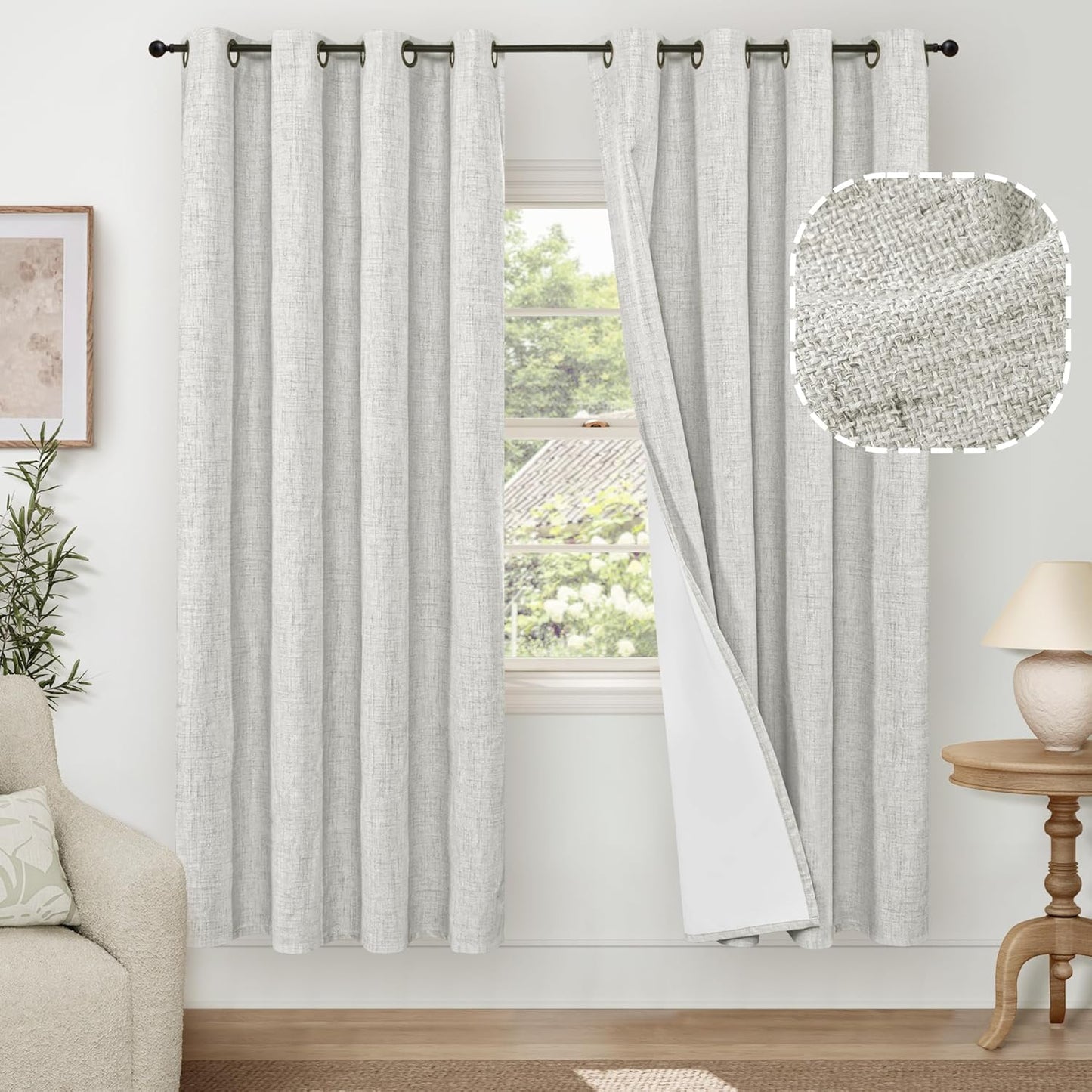 60 Inch Wide Linen Blackout Curtains for Living Room/Bedroom 84 Inch Length 2 Panels, Total Black Out Thermal Insulated Soundproof Grommet Boho Window Drapes White Liner for Modern Farmhouse, Natural