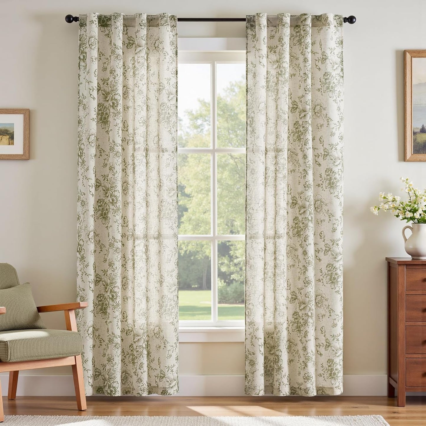 jinchan Blackout Linen Blend Curtain Floral Blackout Curtains for Living Room 84 Inch Length Black Printed with Lined Blackout Curtain for Bedroom Farmhouse Curtains Set 2 Panels